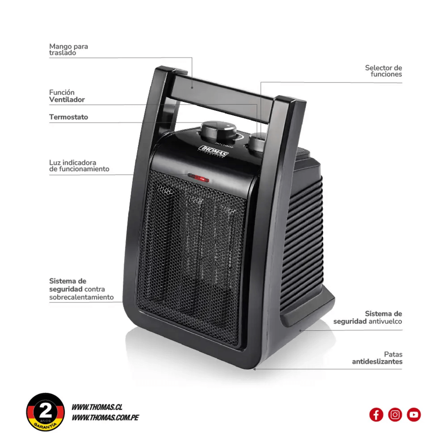 Calefactor Cerámico Thomas 2200W TH-CH38 2 Temp Antivuelco con funciones y seguridad.
