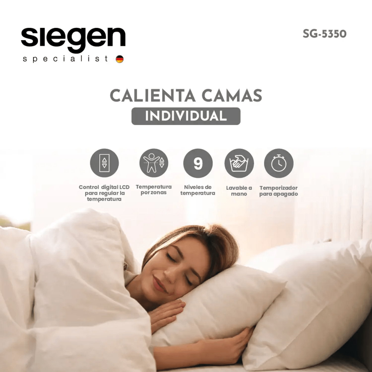 Calienta Cama Siegen 1 Plaza 60W Chiporro 9 Niveles SG-5350