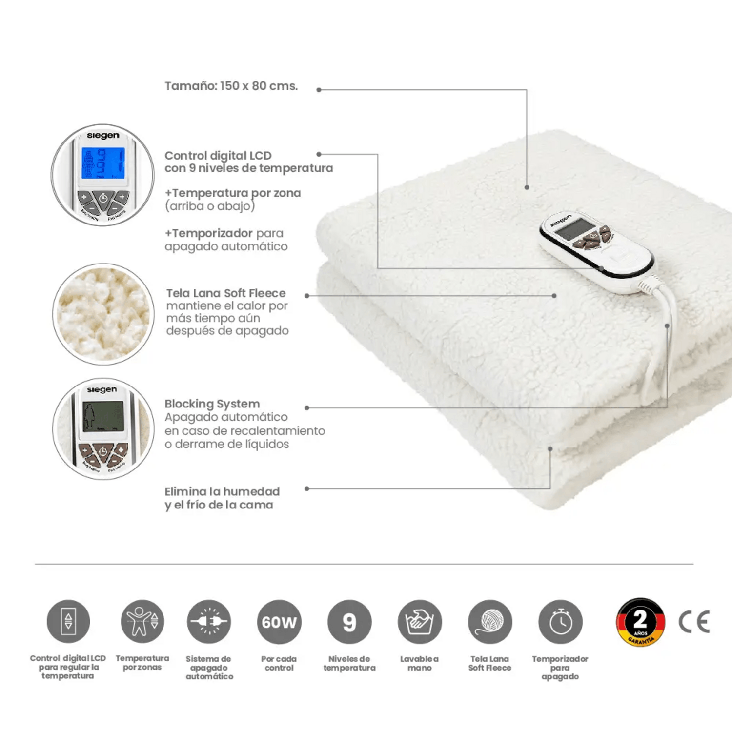 Calienta Cama Siegen 1 Plaza 60W Chiporro 9 Niveles SG-5350