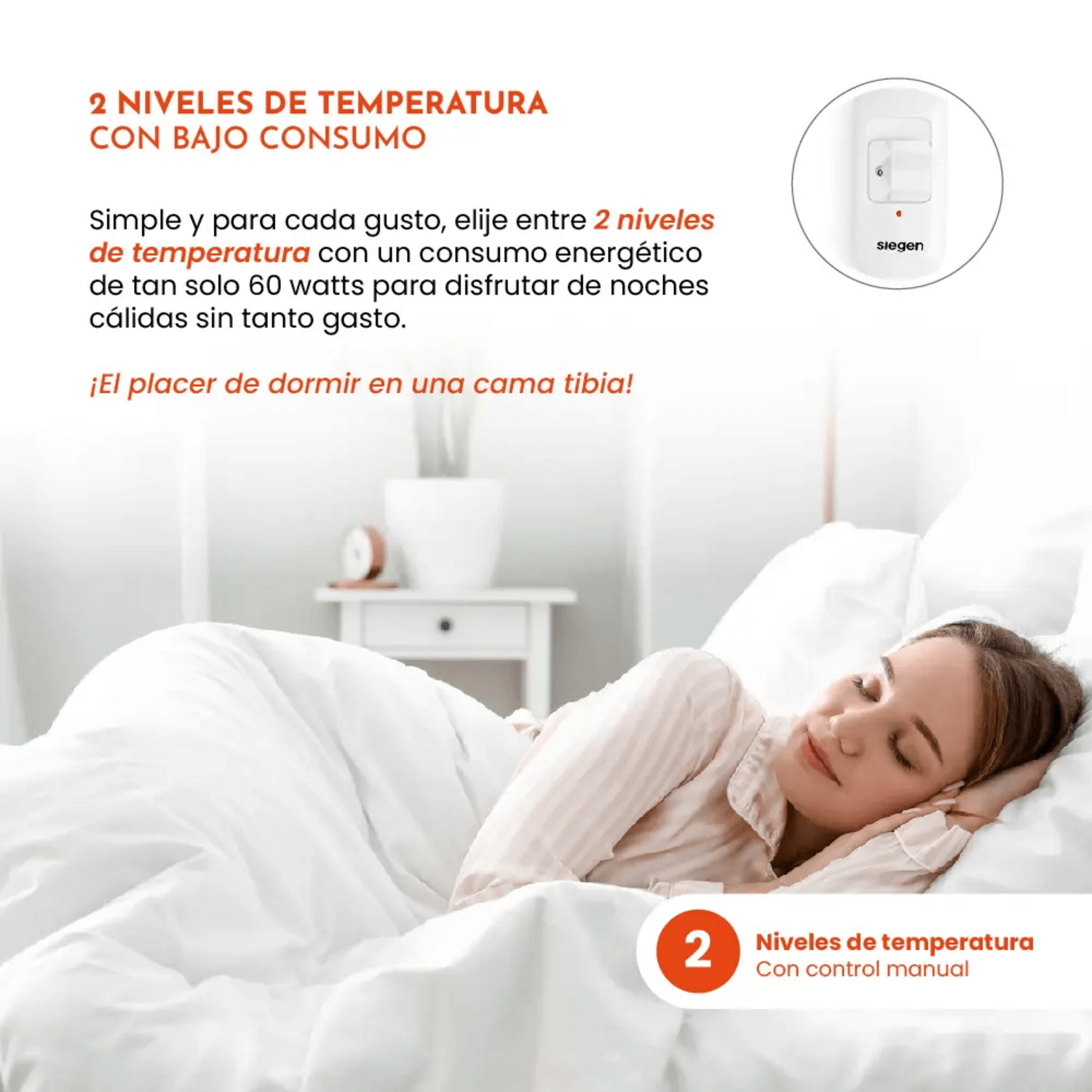 Calienta Cama Siegen 1 Plaza 60 W 2 Niveles Flores SG-5120D2 con control manual y 2 niveles de temperatura.