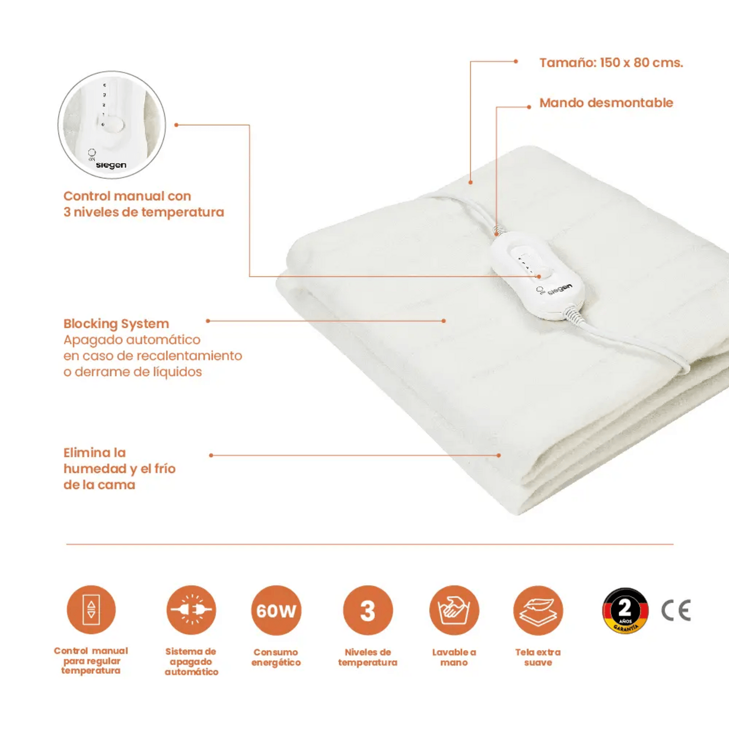 Calienta Cama Siegen 1 Plaza 60 W Lavable 3 Temp SG-5010 con control manual y sistema de bloqueo