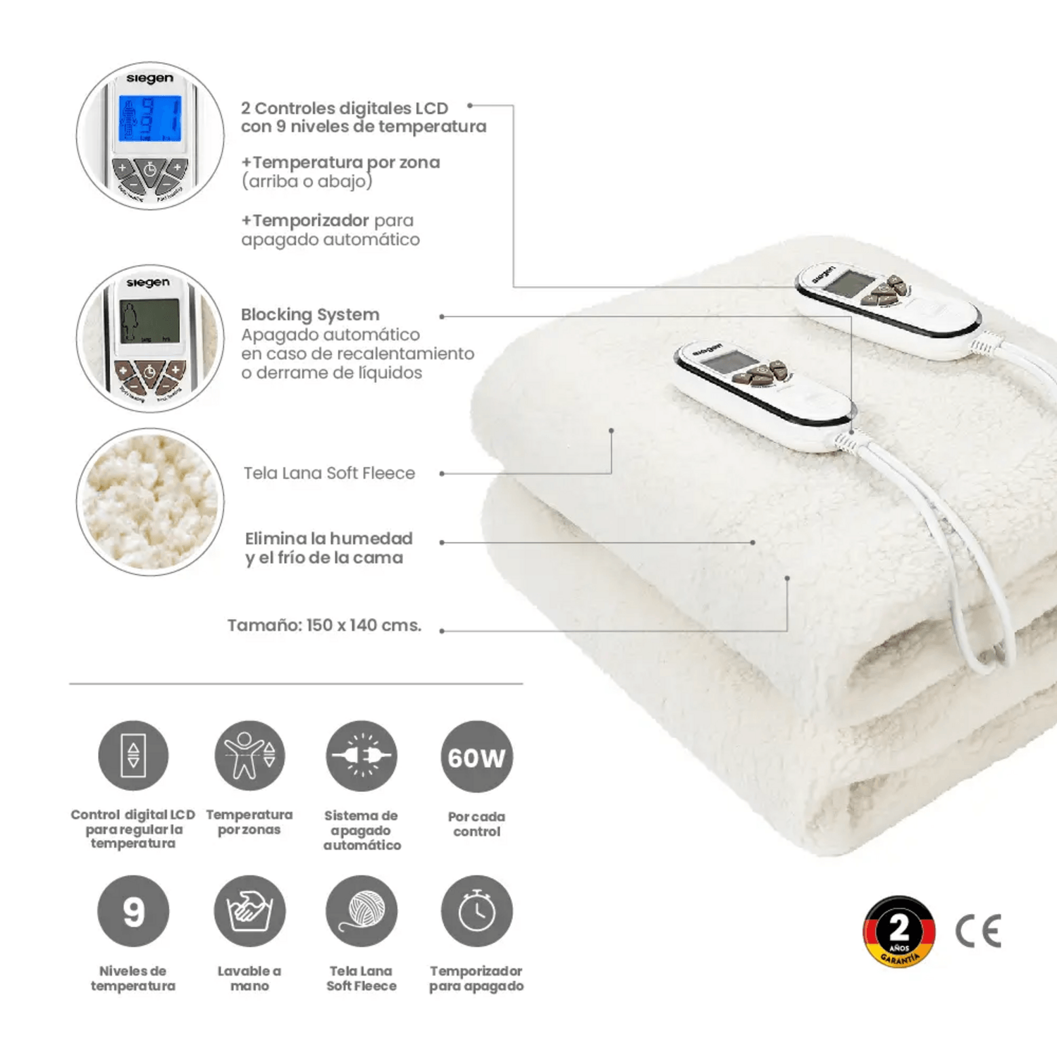 Calienta Cama Siegen 2 Plazas Chiporro 9 Temp 60 W SG-5351 con controles LCD y tela Soft Fleece