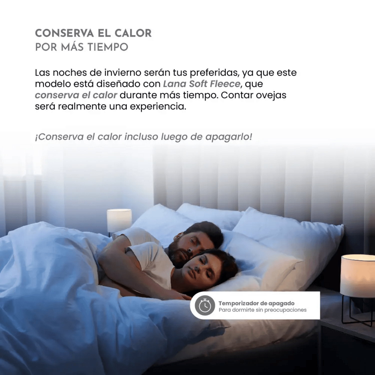 Calienta Cama Siegen 2 Plazas Chiporro 9 Temp 60 W SG-5351 en uso, mostrando confort y calidez en una noche de invierno.