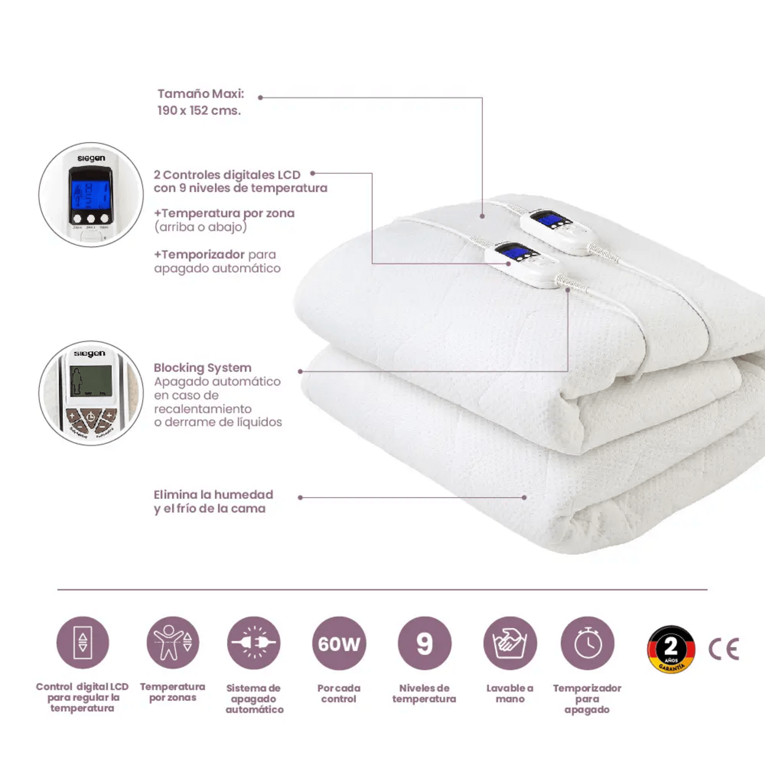 Calienta Cama Siegen 2 Plazas XL Soft 9 Temp 60 W SG-5501