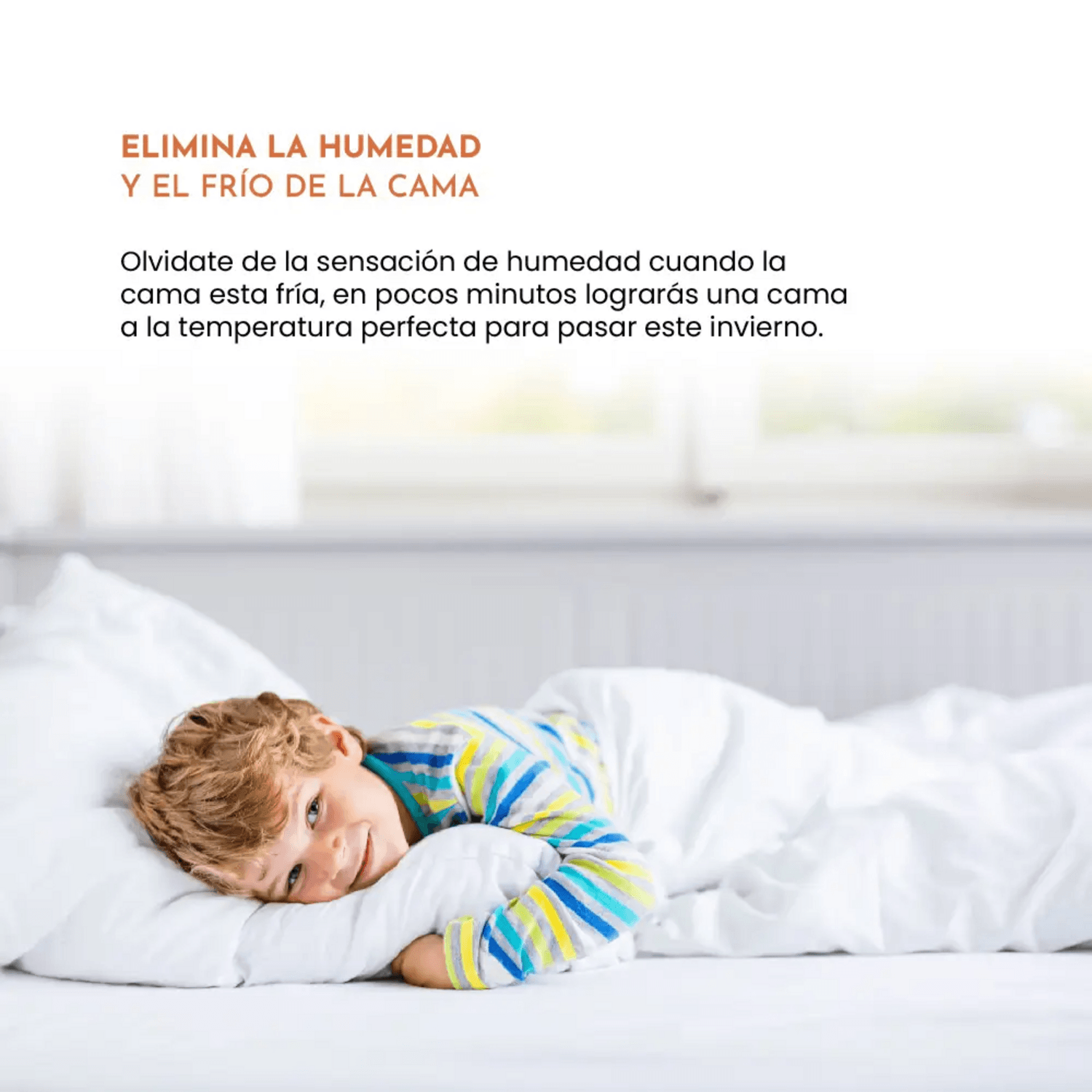 Calienta Cama Siegen 1 Plaza 60 W Lavable 3 Temp SG-5010 niño sonriendo en cama cómoda