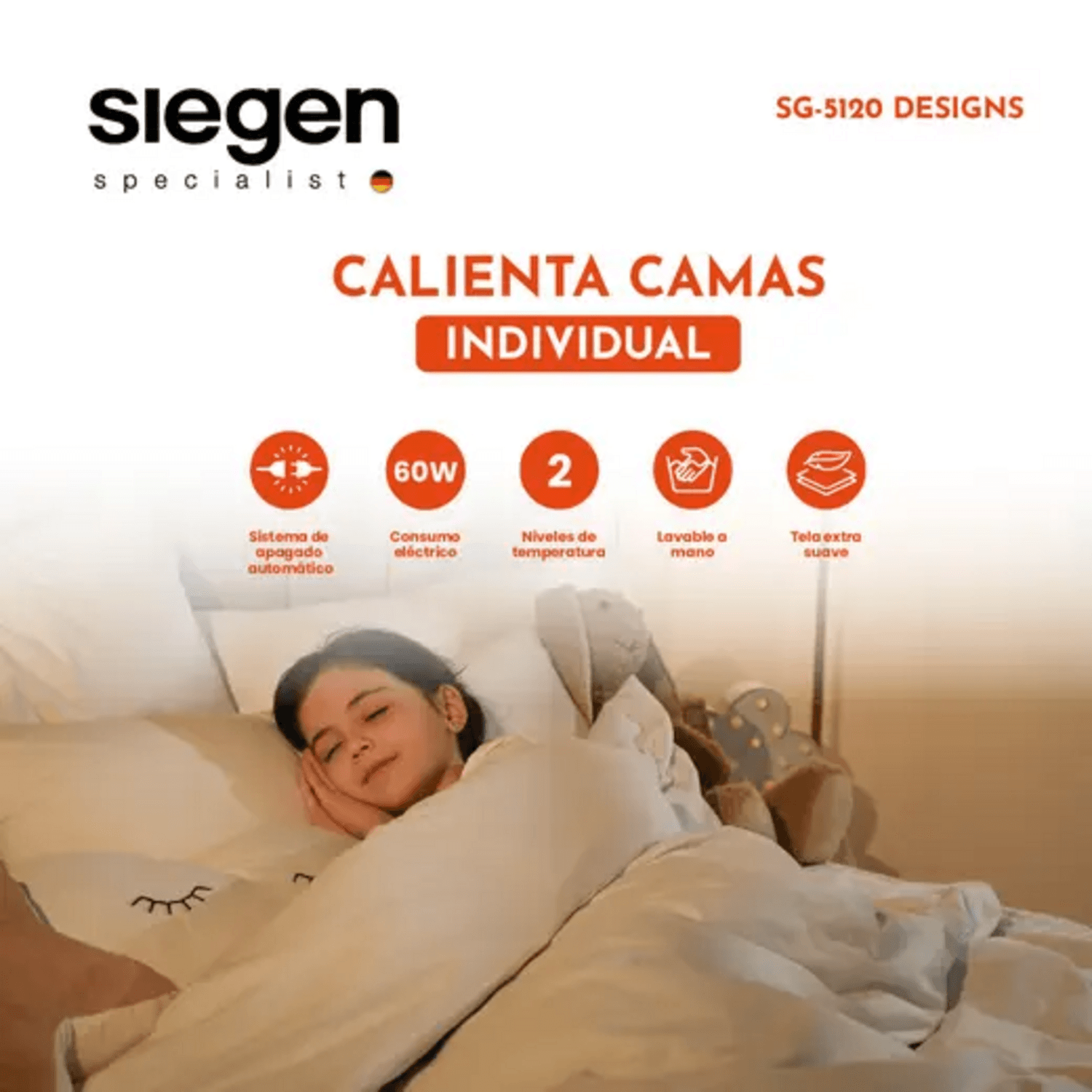 Calienta Cama Siegen 1 Plaza 60 W 2 Niveles Flores SG-5120D2 con especificaciones de comodidad y calentamiento.