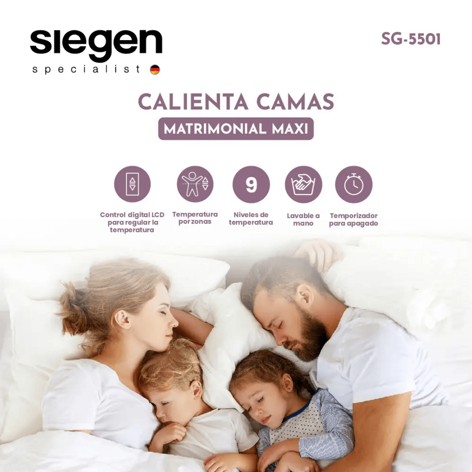 Calienta Cama Siegen 2 Plazas XL Soft 9 Temp 60 W SG-5501