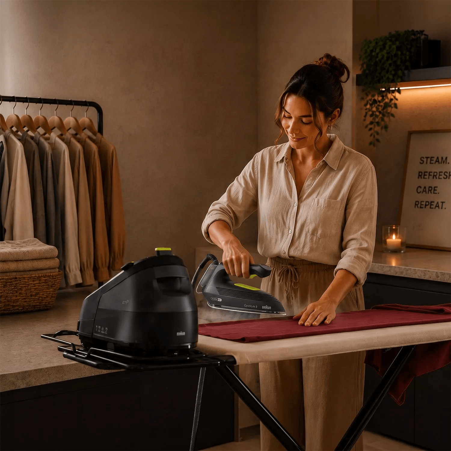Centro de Planchado Braun CareStyle 3 Pro 7,5 Bar 500g min en uso, planchando una camisa en casa.
