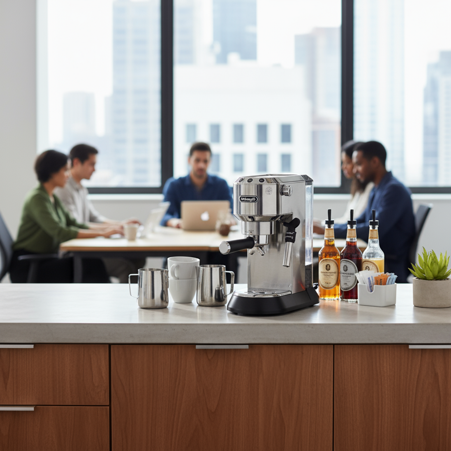 Cafetera DeLonghi Espresso Dedica Style Metal en una oficina moderna con personas trabajando.