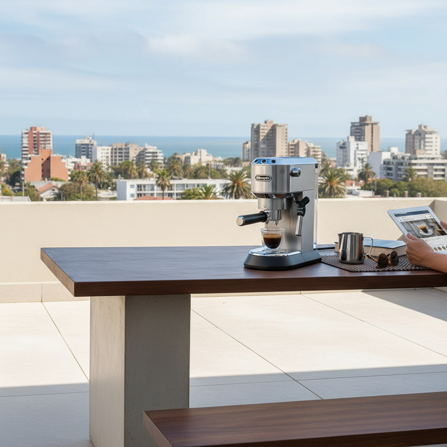 Cafetera DeLonghi Espresso Dedica Style Metal en una mesa con vista a la ciudad, disfrutando un espresso.