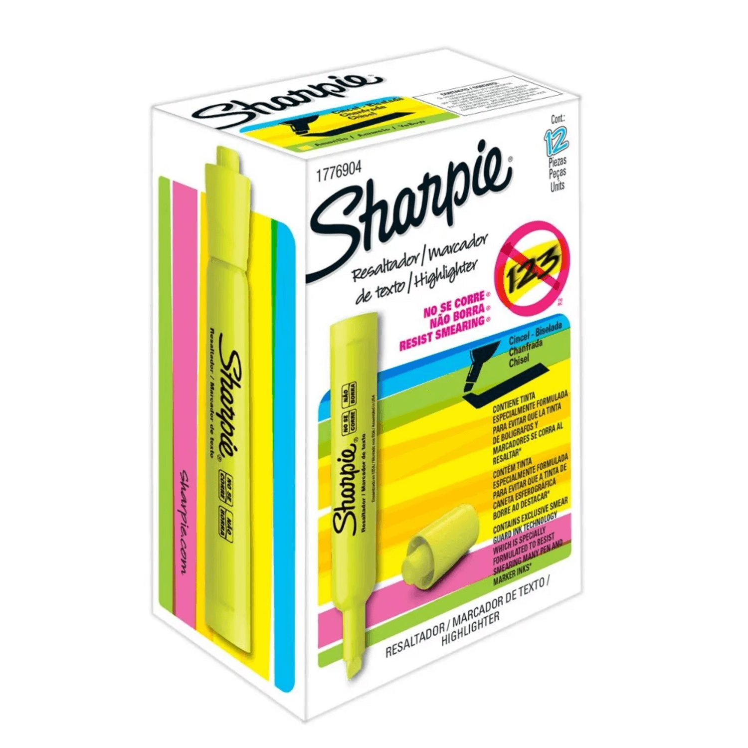 Destacador Sharpie Tank Amarillo 25025B Fluor Biselado en envase de 12 unidades con colores vibrantes.