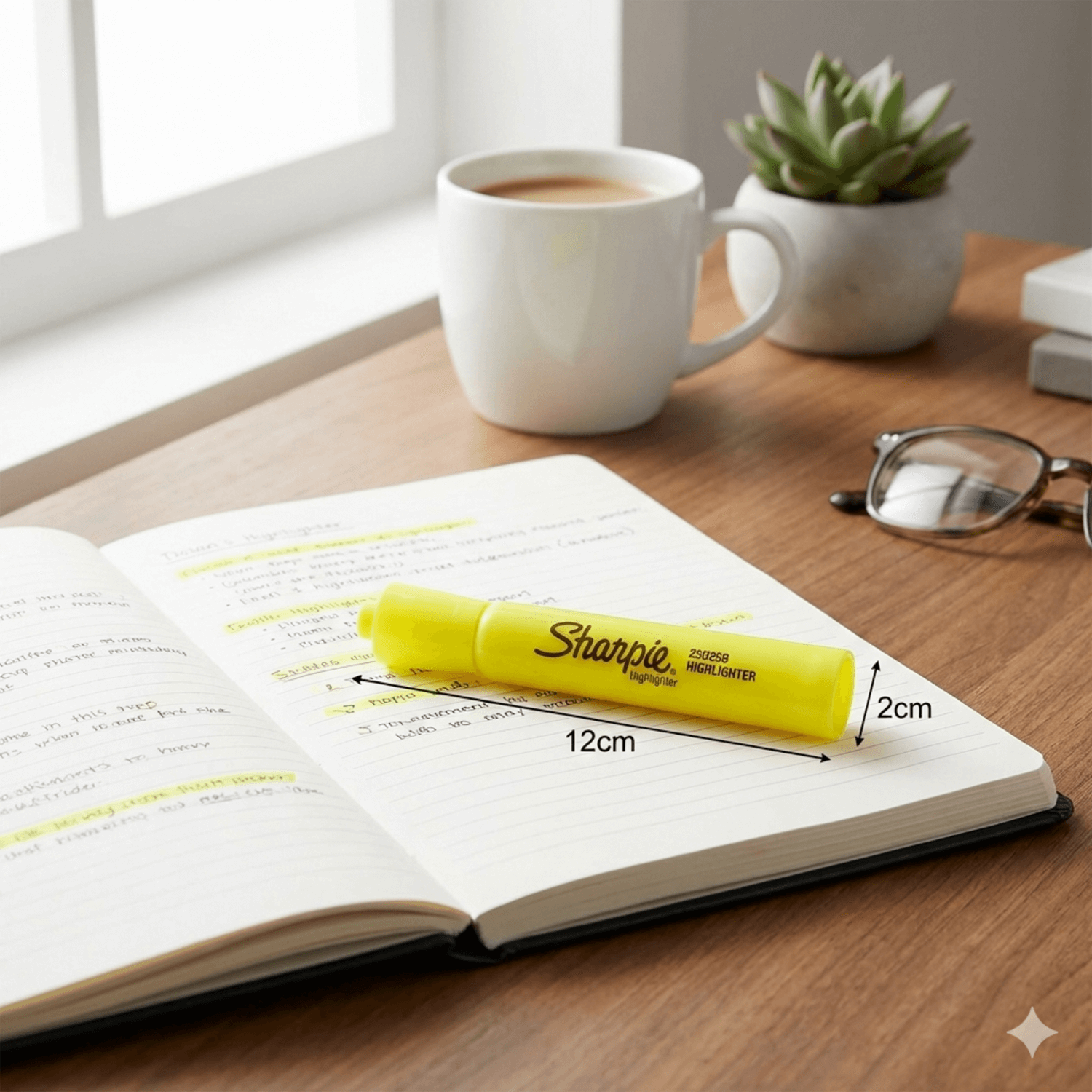 Destacador Sharpie Tank Amarillo 25025B Fluor Biselado sobre un cuaderno resaltando texto, junto a una taza y gafas.