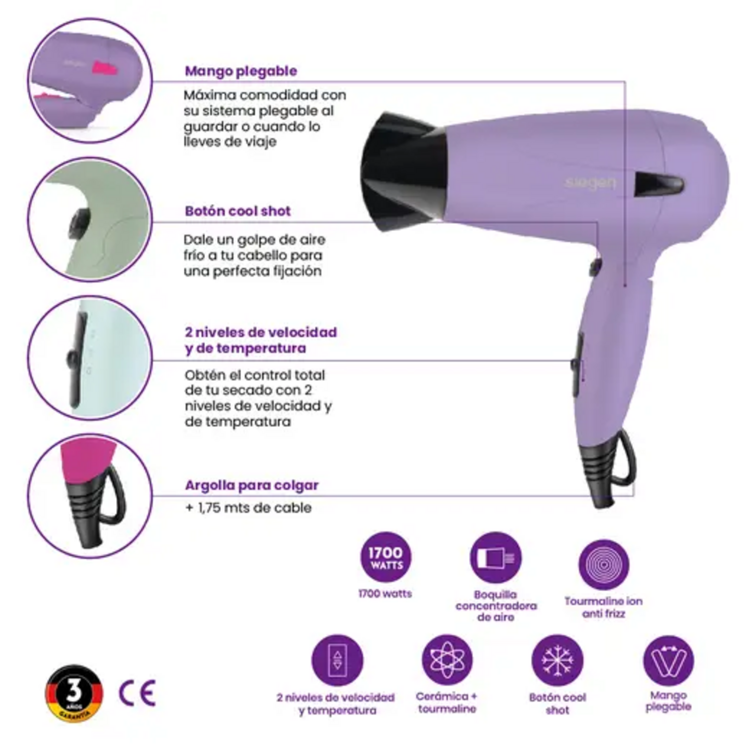 Secador Pelo Siegen SG-3012C61 1700W Plegable Viaje