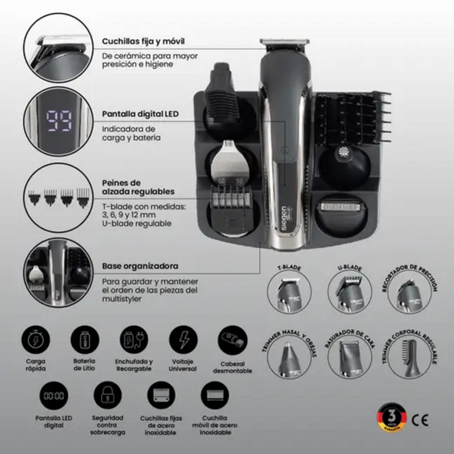 Cortadora De Pelo Siegen SG-8555 6 Cabezales Recargable
