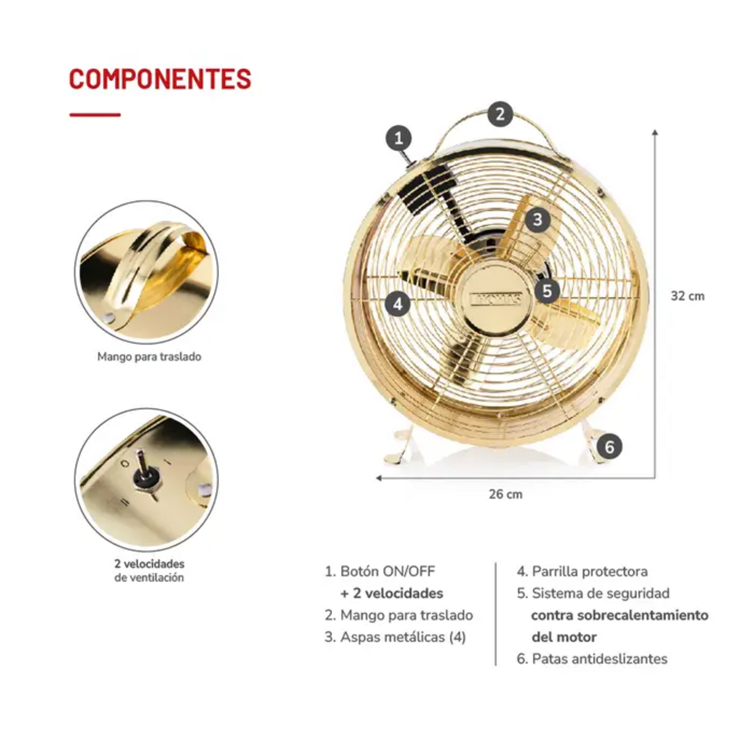 Ventilador Thomas 20 Cm Dorado Vintage 25W Bajo Consumo