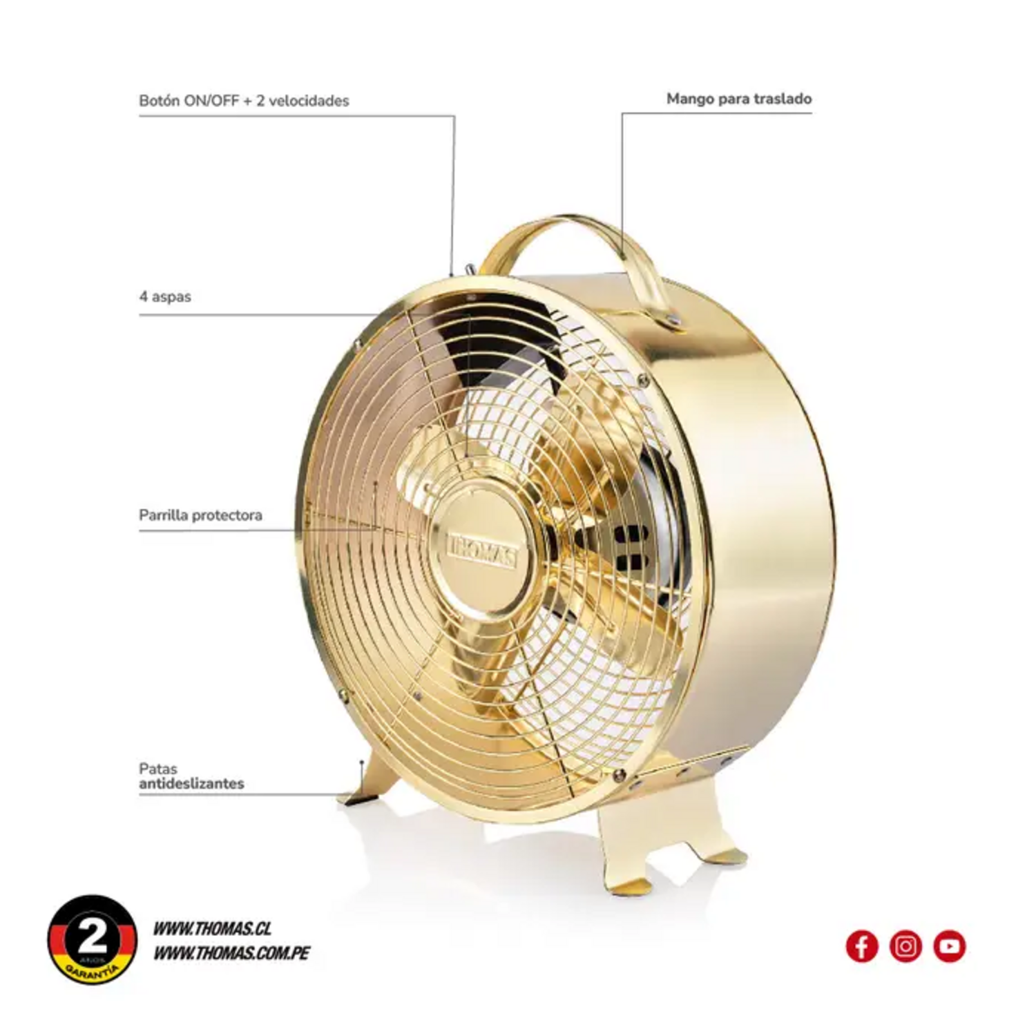 Ventilador Thomas 20 Cm Dorado Vintage 25W Bajo Consumo