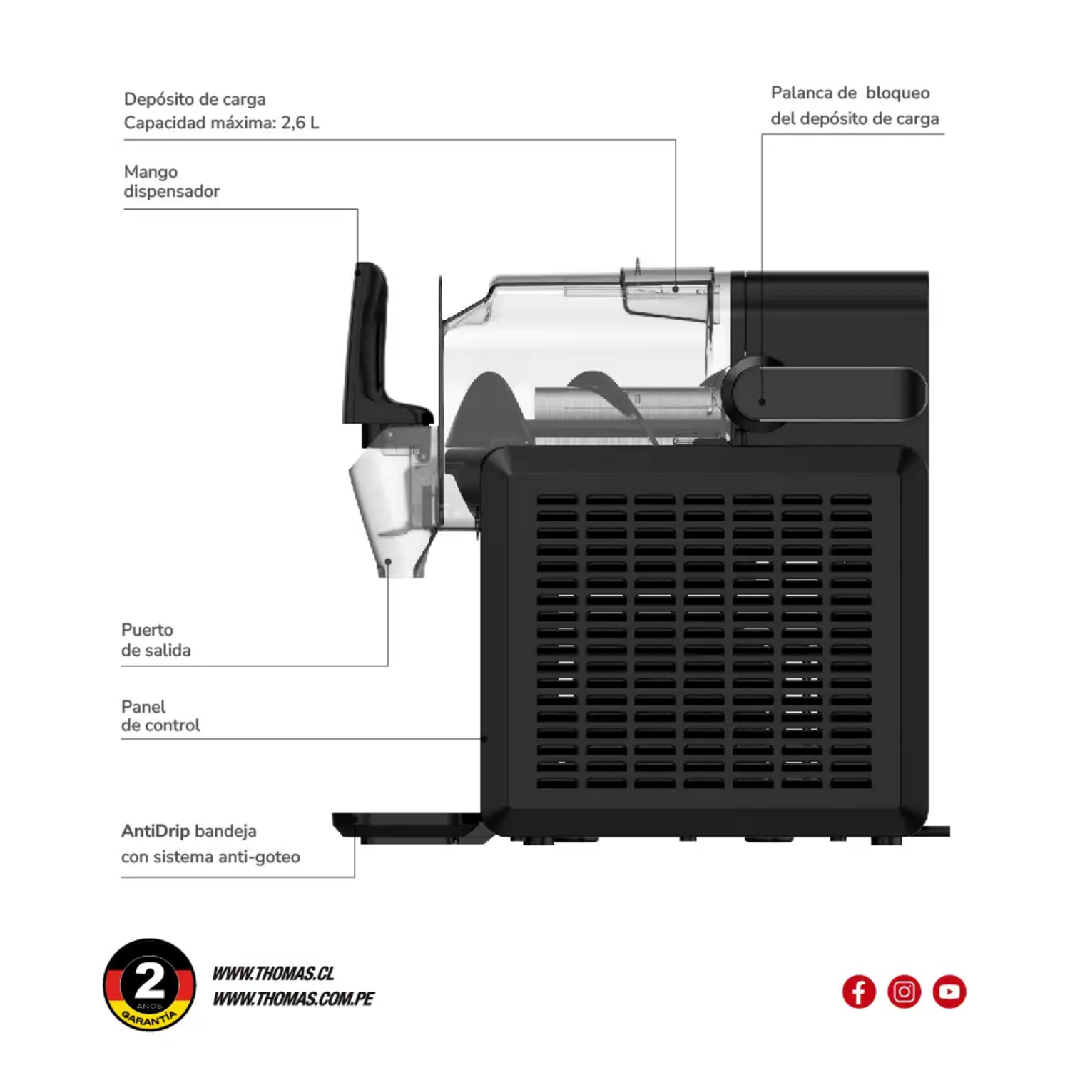 Máquina Granizados Thomas TH-SM26DN 2.6L Sin Hielo Autolimp