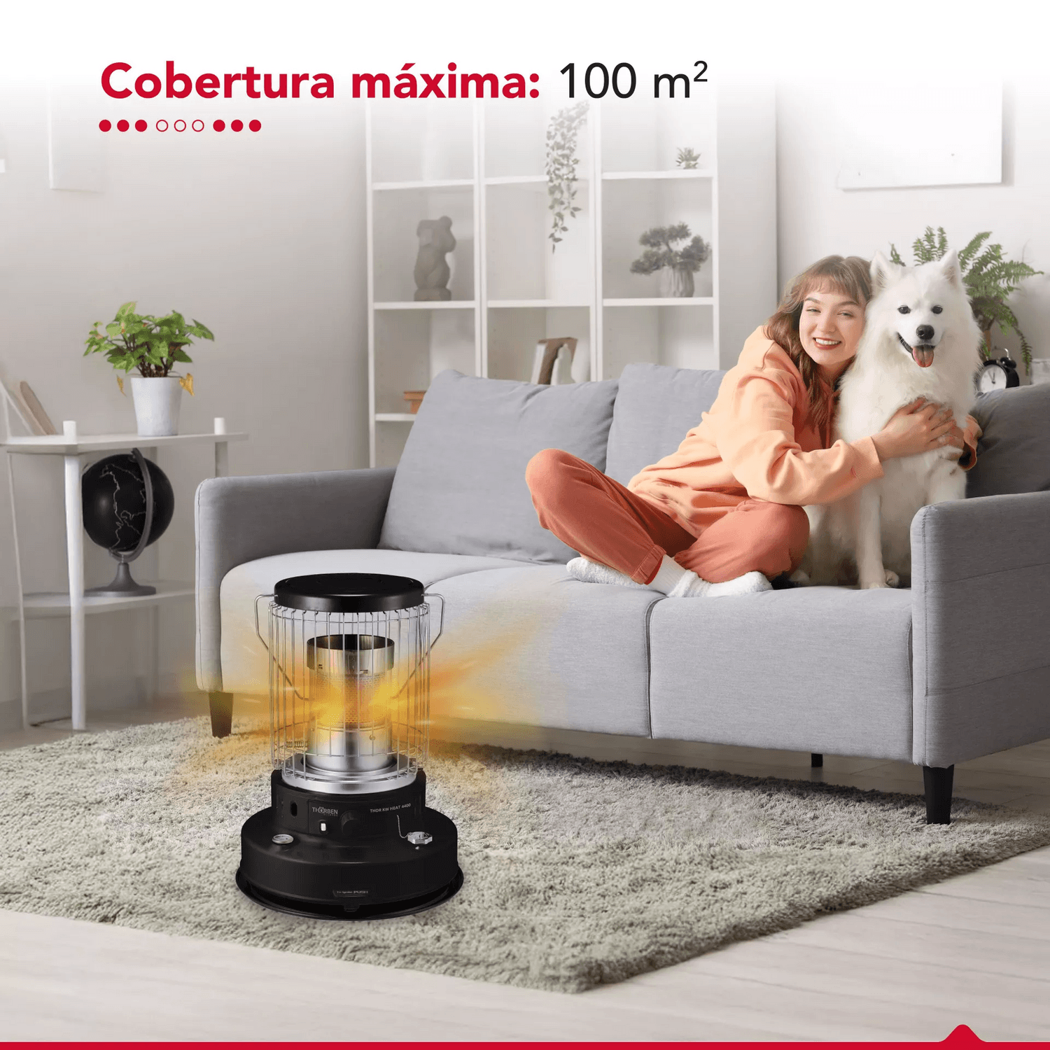 Estufa Parafina Thorben KW Heat 4400 con encendido automático en sala de estar con una mujer y su perro.