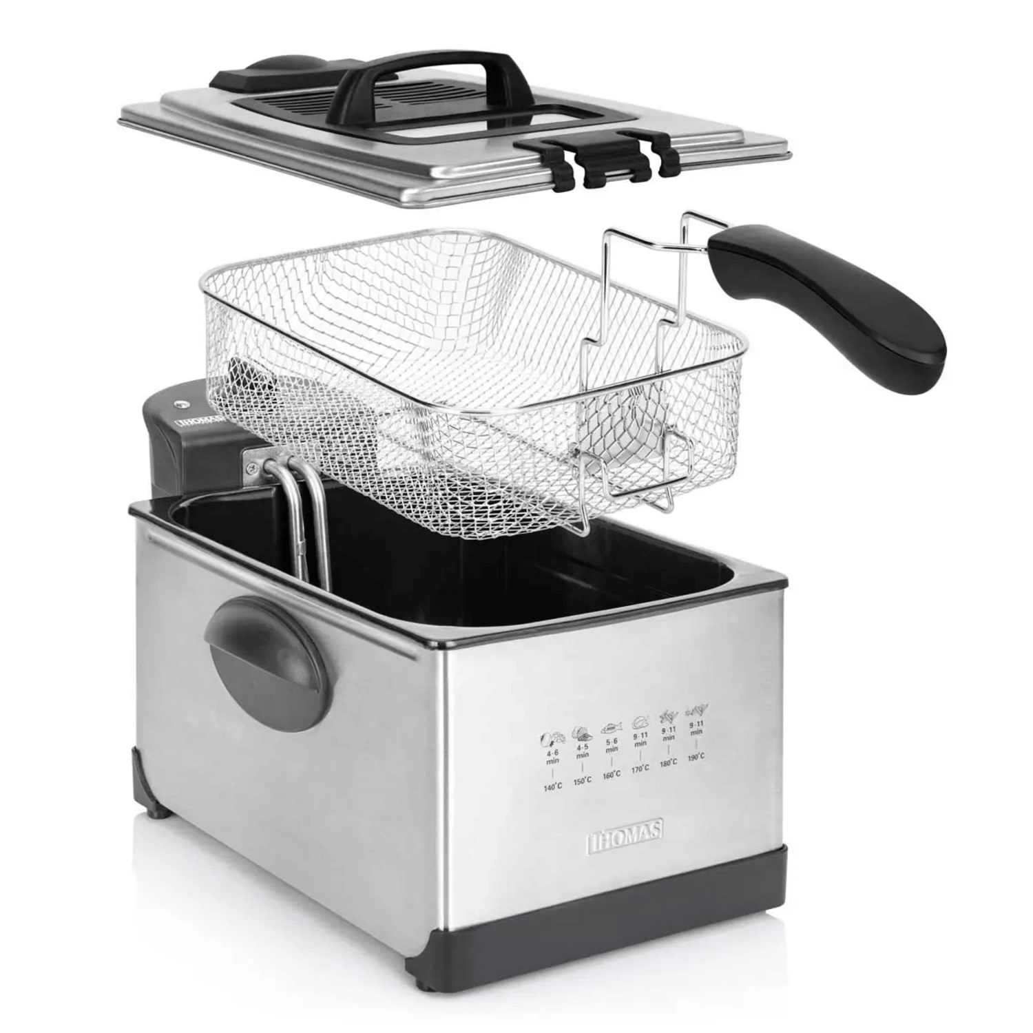 Freidora Aceite Thomas 5 Litros 1950W Rápida Inox 190C con cesto y tapa extraíble en acero inoxidable.