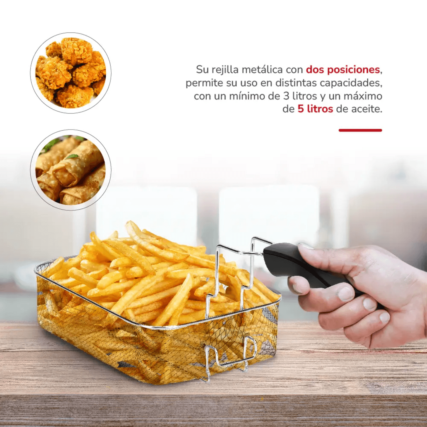 Freidora Aceite Thomas 5 Litros 1950W Rápida Inox 190C con rejilla metálica y patatas fritas crujientes.
