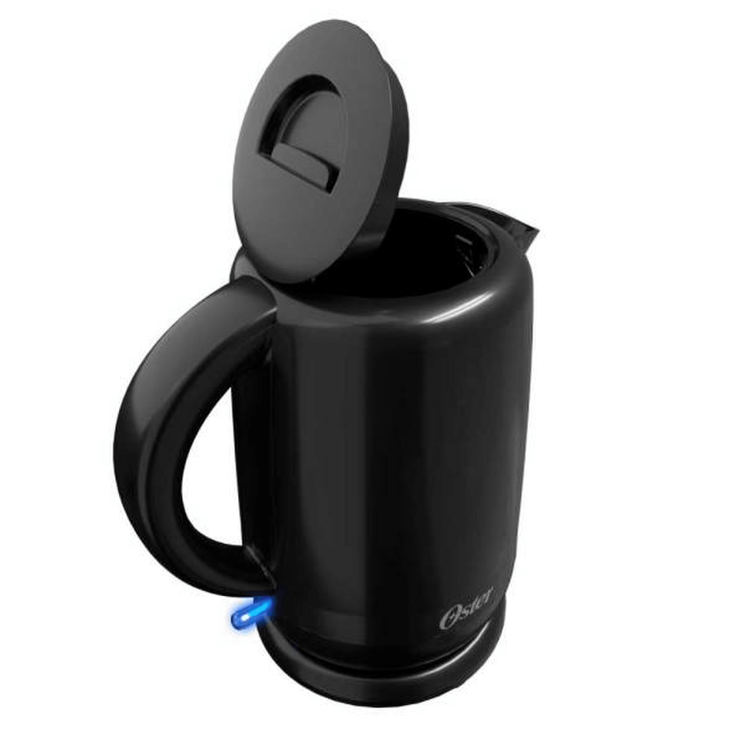 Hervidor Oster 1.7L Rápido Económico Negro 1850W BVSTKT3101 con tapa abierta