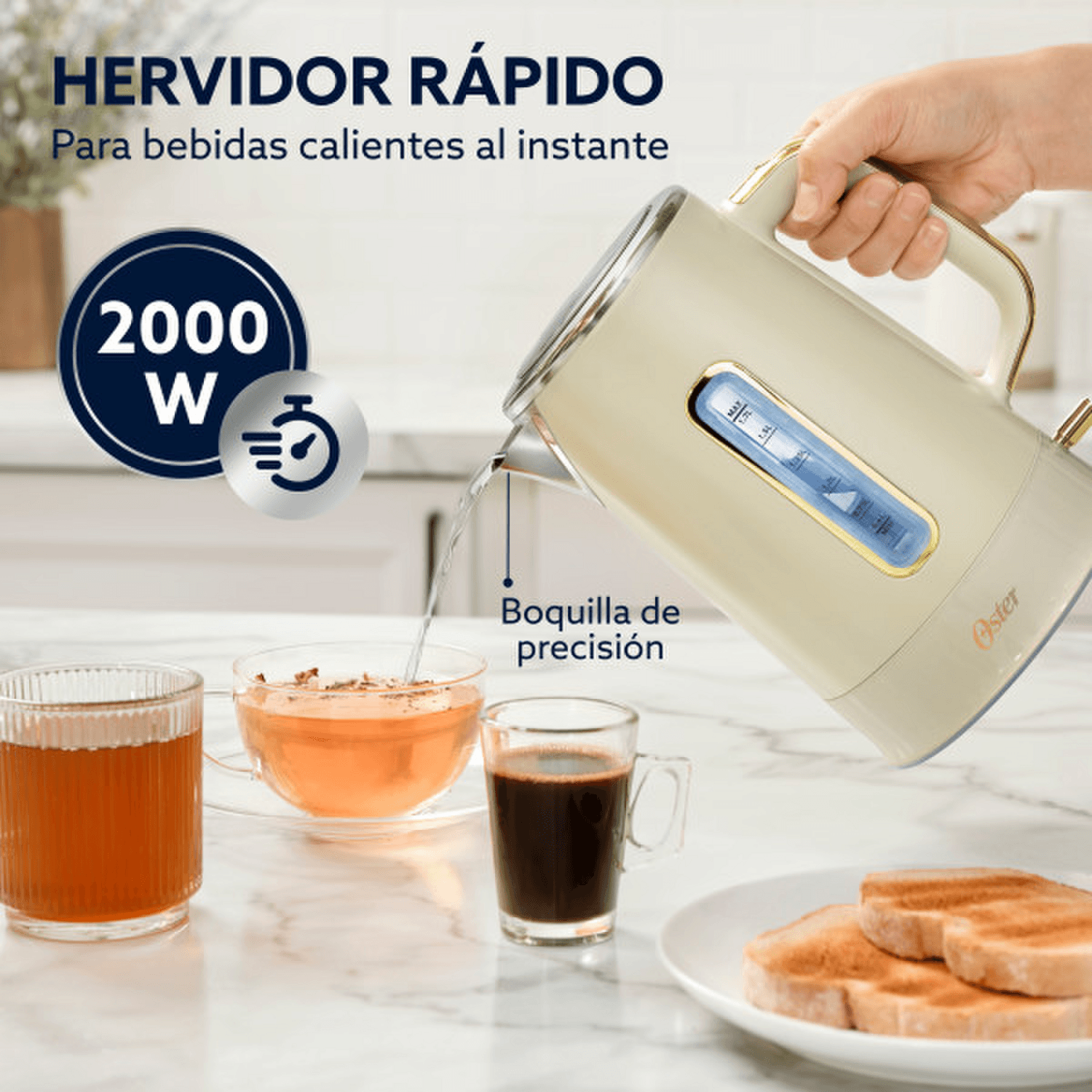 Hervidor Oster Premium Beige Colección 2026 1,7L Luz 2000W sirviendo bebidas calientes y té