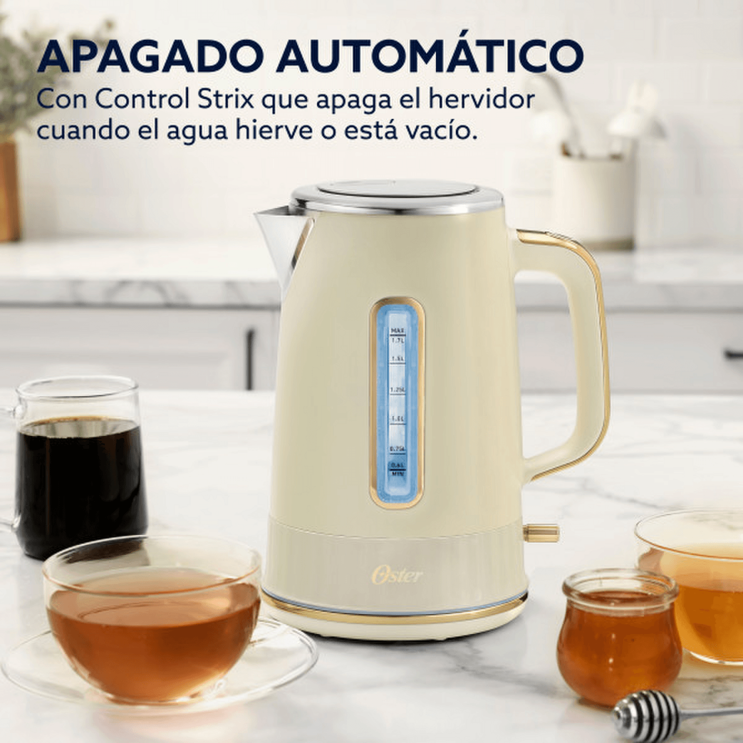 Hervidor Oster Premium Beige Colección 2026 1,7L Luz 2000W con apagado automático y diseño elegante.