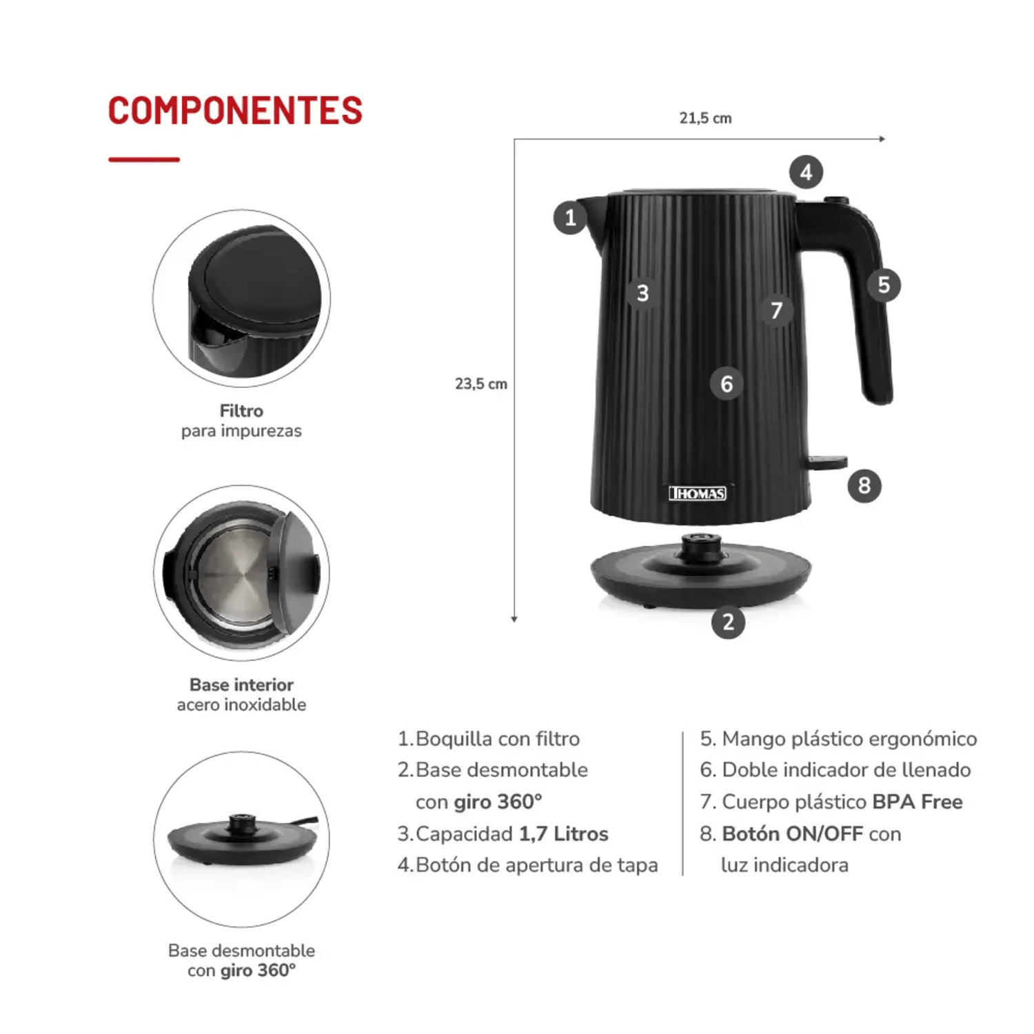 Hervidor Thomas TH-4343N 1.8L 2200W Rápido y Económico