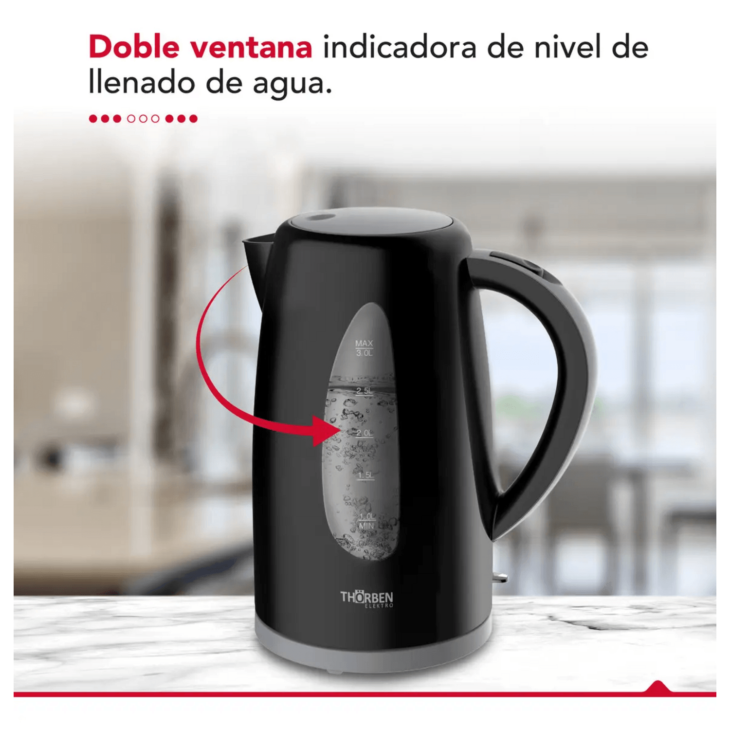 Doble ventana indicadora de nivel de llenado de agua en hervidor eléctrico 3 litros Thorben Magnum 3000.