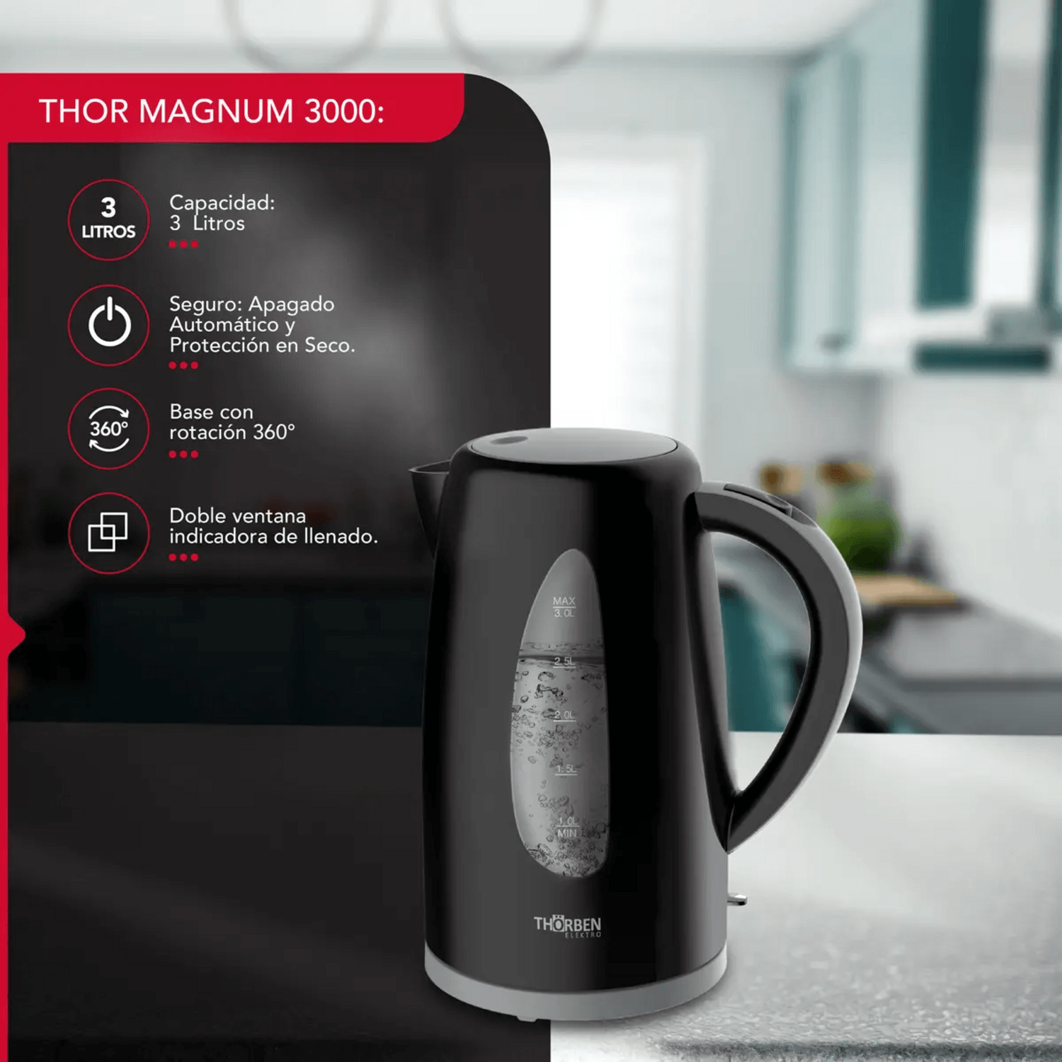 Hervidor eléctrico 3 litros Thorben Magnum 3000 con base 360 y doble ventana indicadora de llenado.