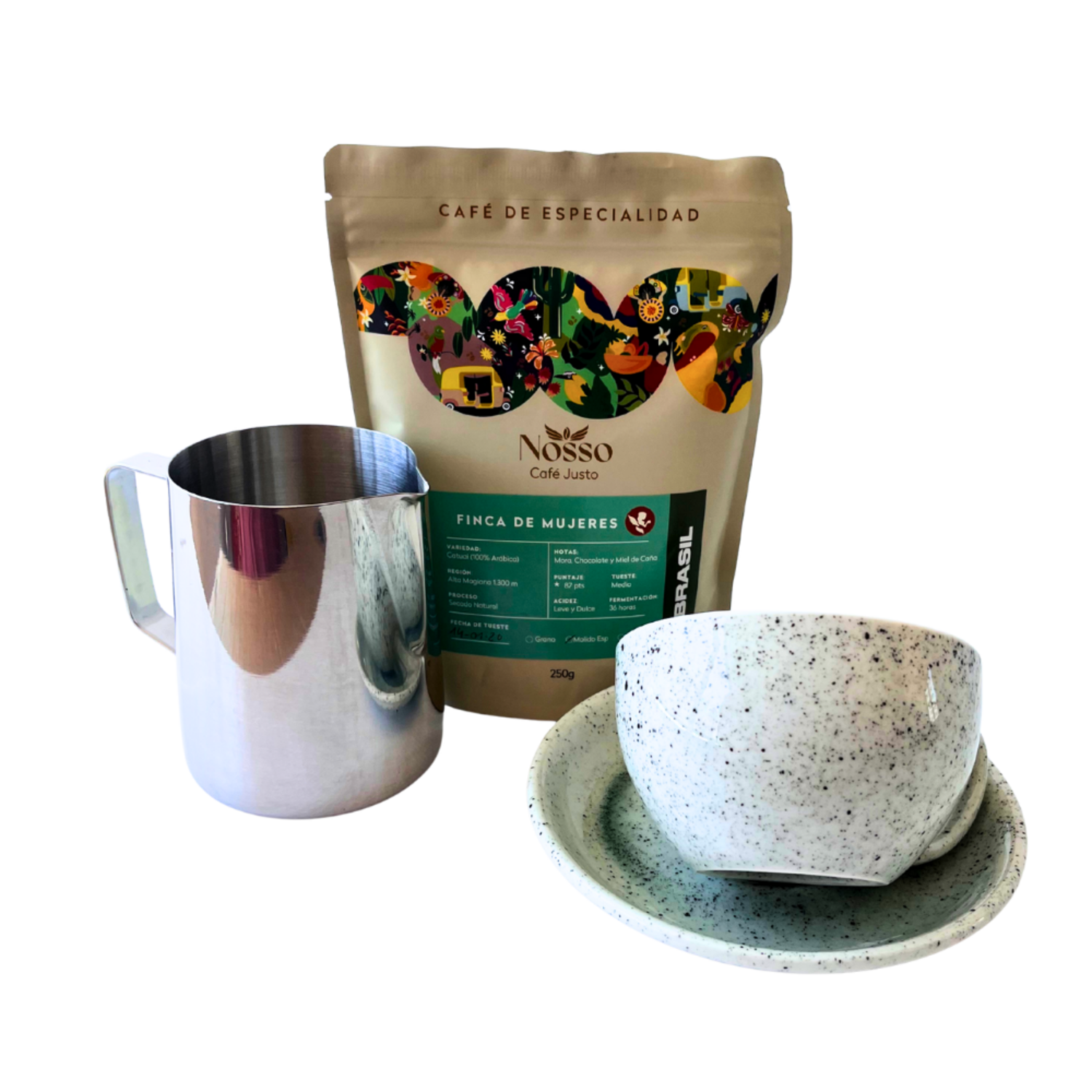 Pack Latte Art Nosso Taza Picher 600 Finca Mujeres 250g