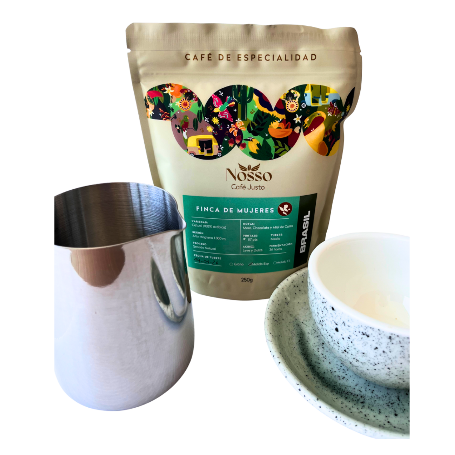 Pack Latte Art Nosso Taza Picher 600 Finca Mujeres 250g
