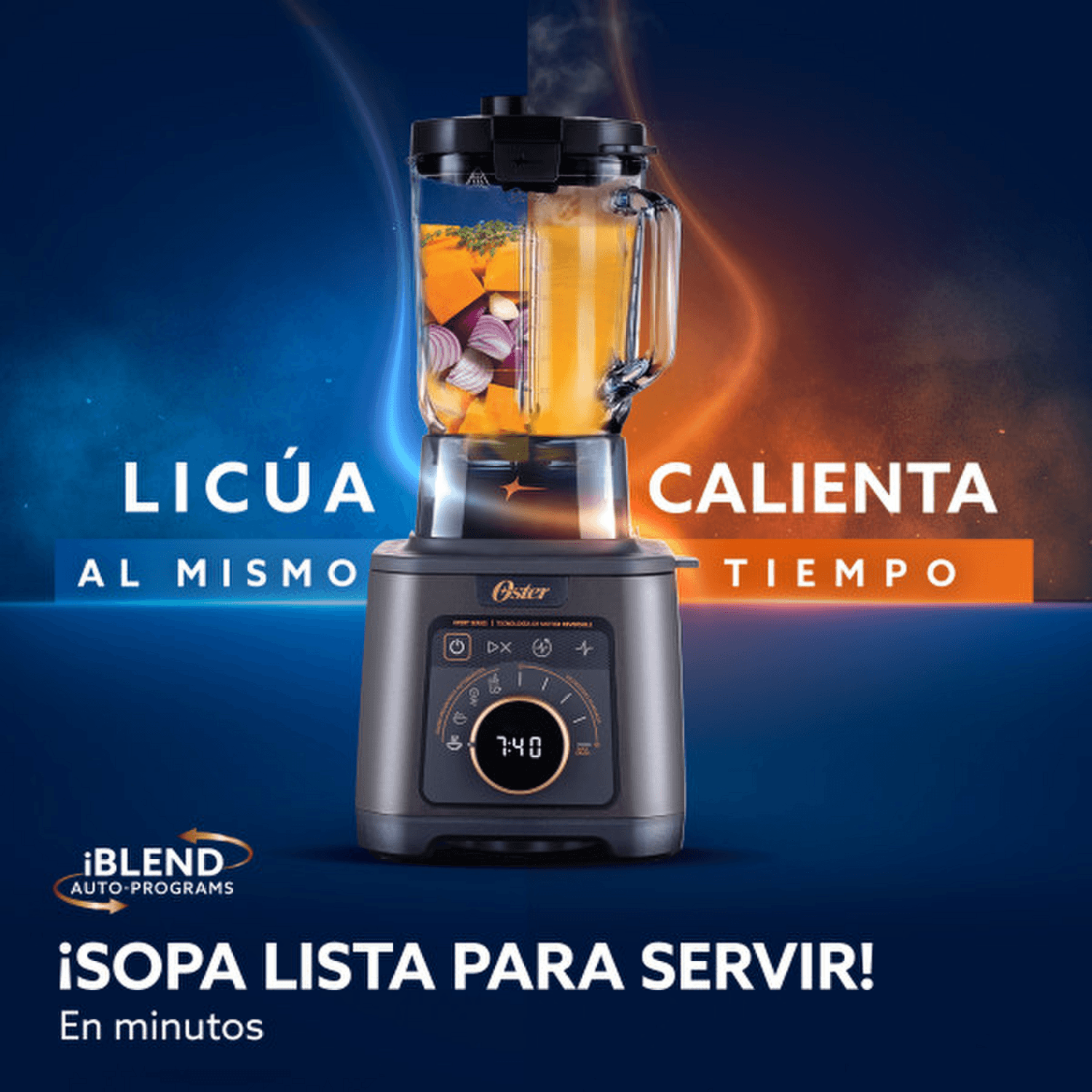Licuadora Profesional Oster Titan 2200W Vaso Vidrio 2.5L en acción, mostrando sopas listas para servir.