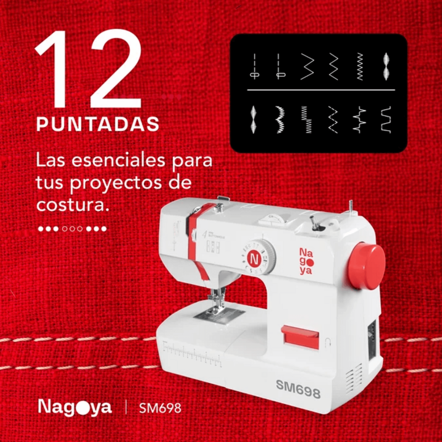 Máquina de Coser Nagoya SM698 12 Puntadas Ojal 4 Pasos LED mostrando 12 puntadas esenciales para proyectos de costura.