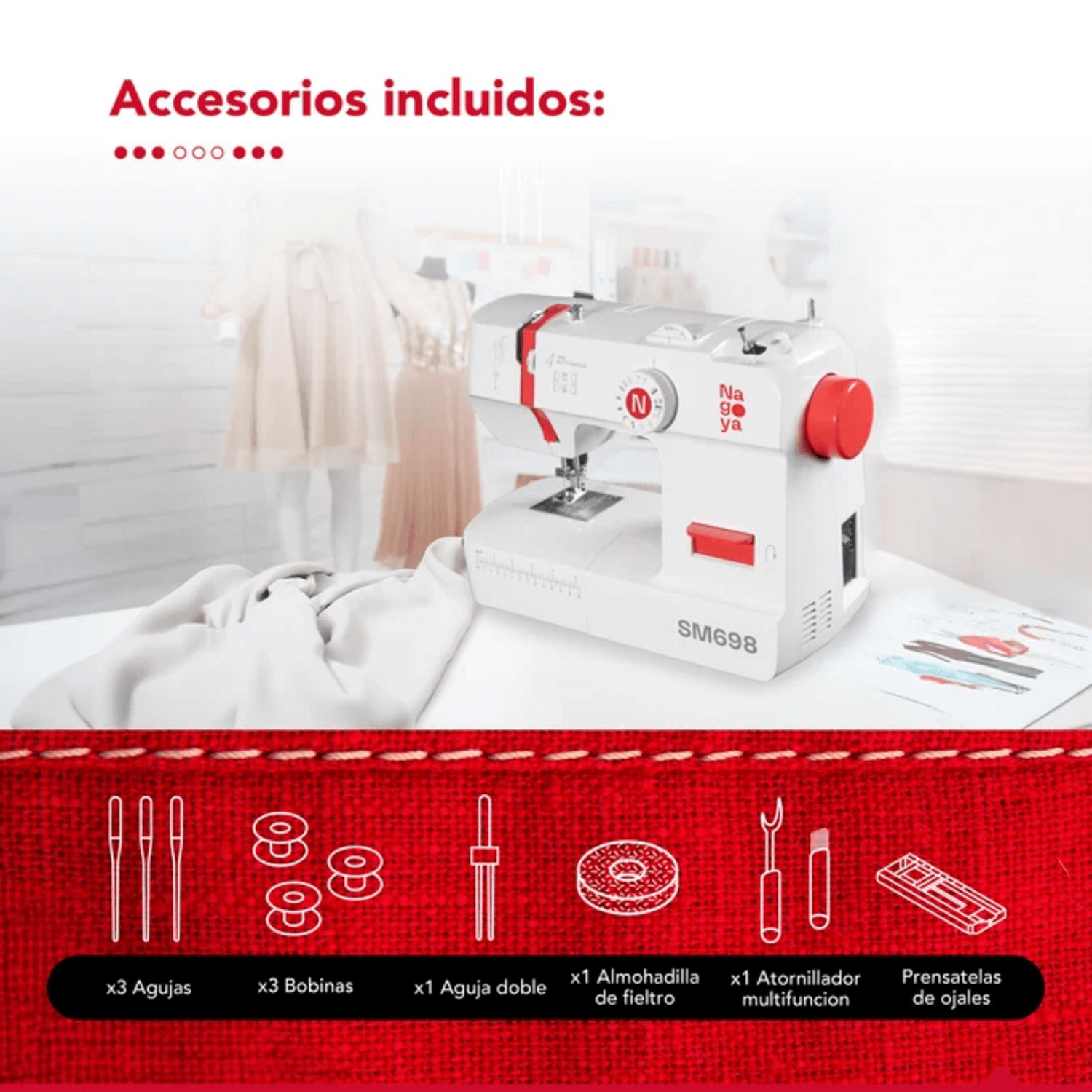 Máquina de Coser Nagoya SM698 12 Puntadas Ojal 4 Pasos LED con accesorios incluidos como agujas y bobinas.
