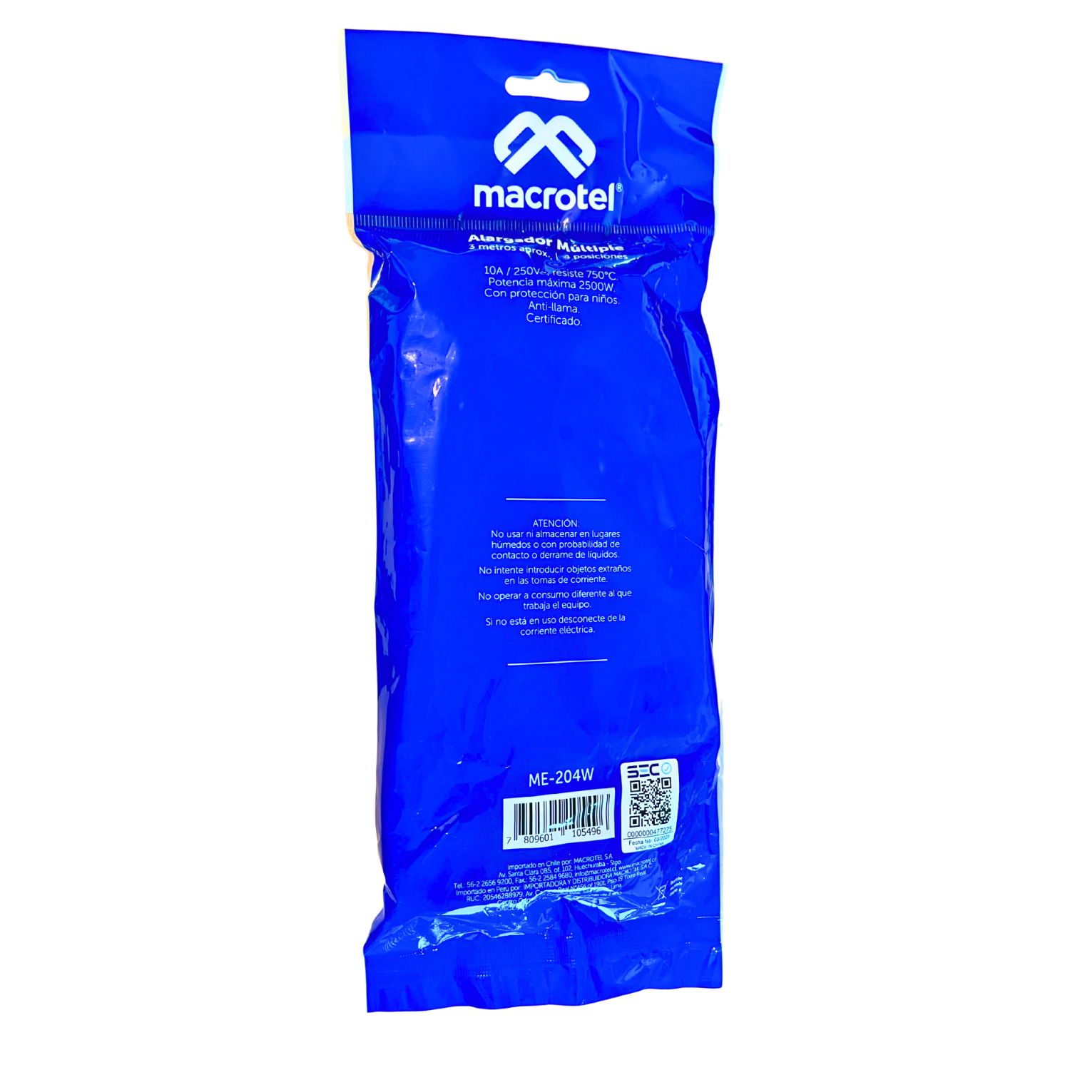 Alargador Zapatilla Macrotel 3 Mt 4 Pos 10A Blanco