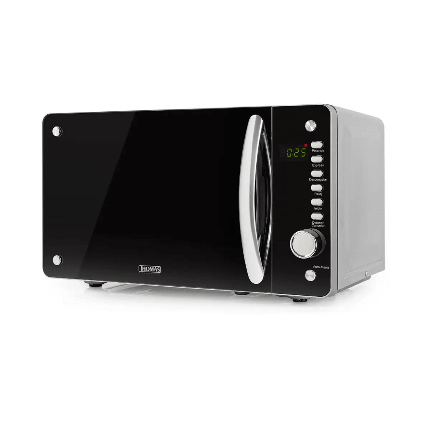 Microondas Thomas Digital Compacto 20 Litros 800W TH20DM en diseño elegante, frente espejado y funciones digitales avanzadas.