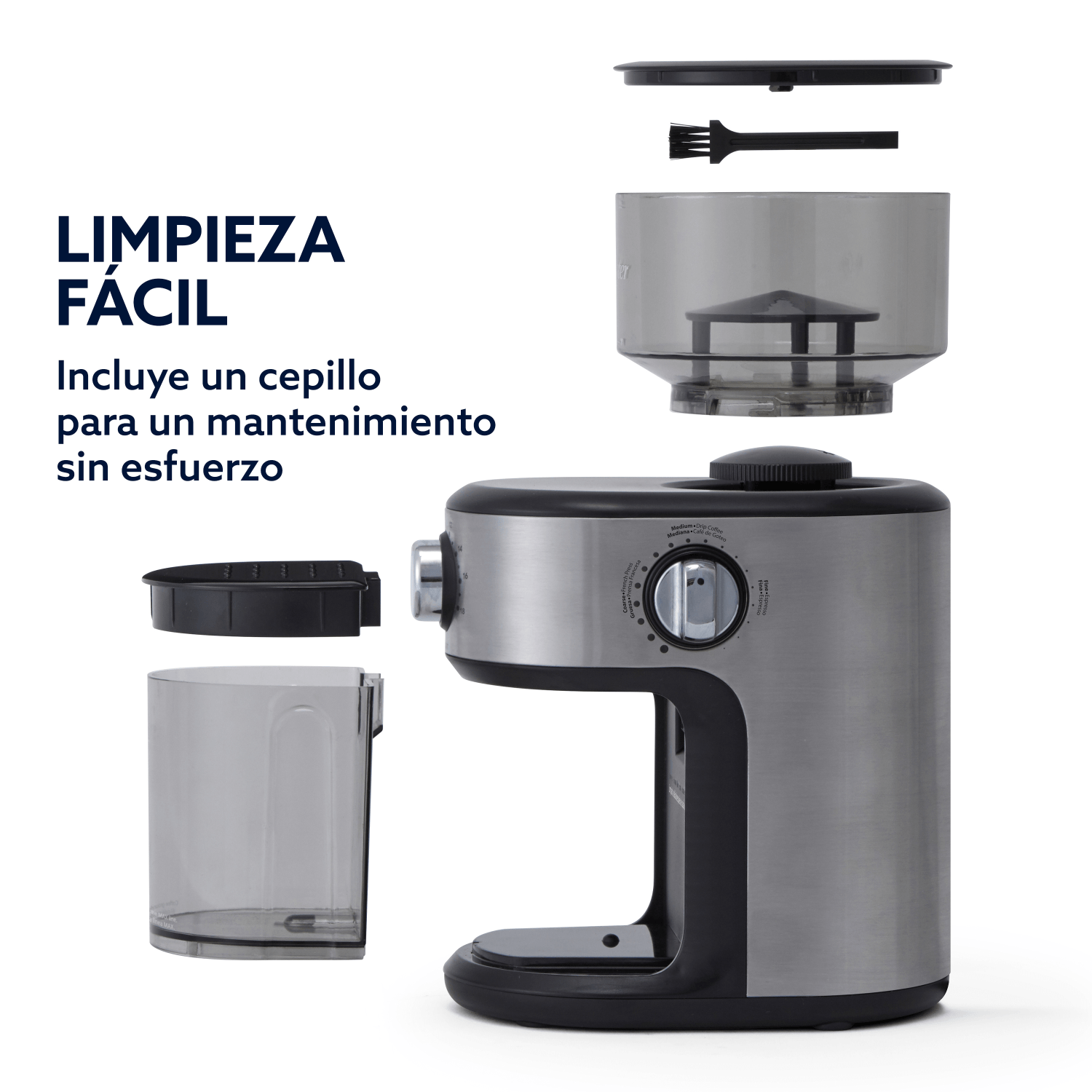 Molinillo de Café Oster Automático Muelas 18 Niveles 227g con componentes desmontables para limpieza fácil.