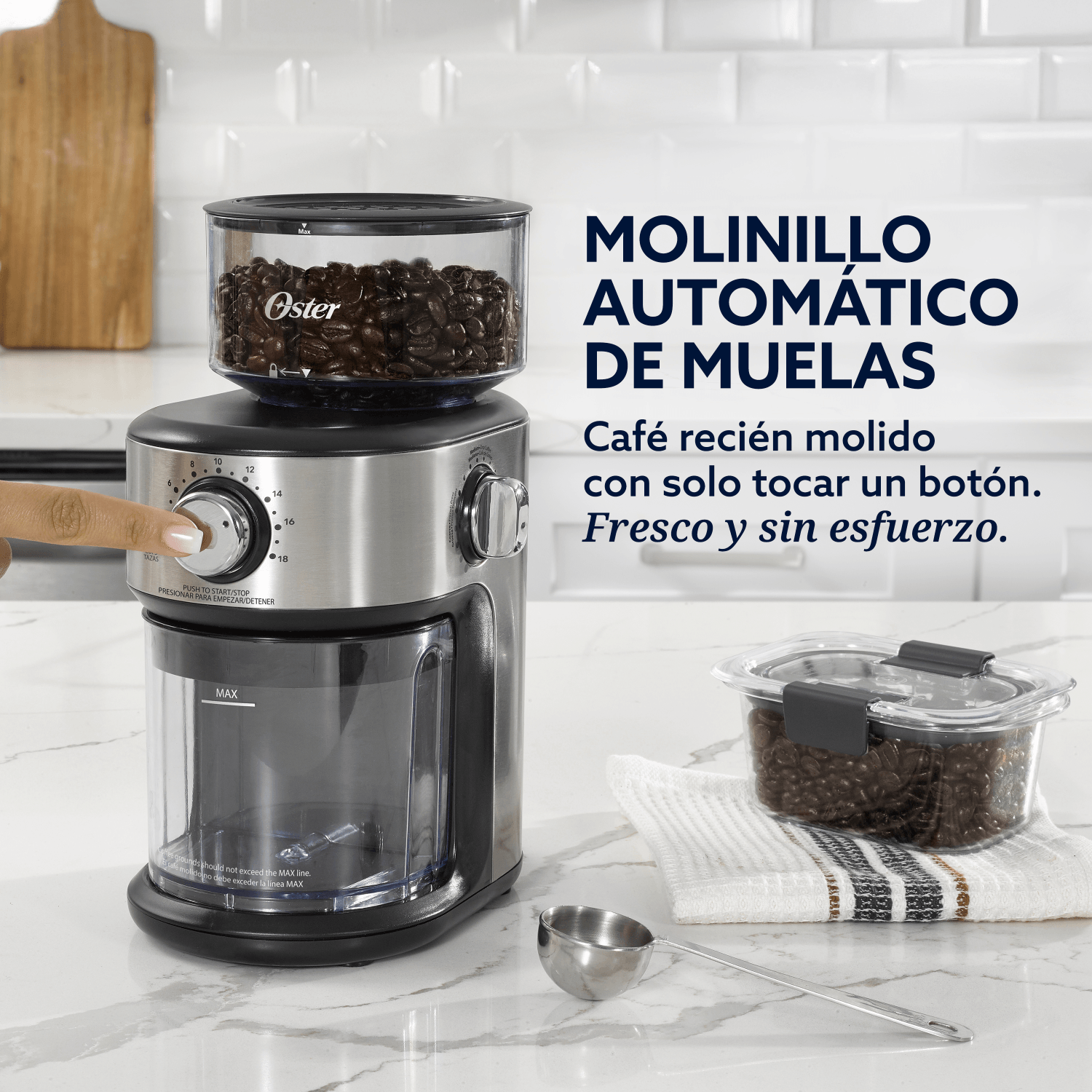 Molinillo de Café Oster Automático Muelas 18 Niveles 227g, café recién molido, ajuste de molienda fácil.
