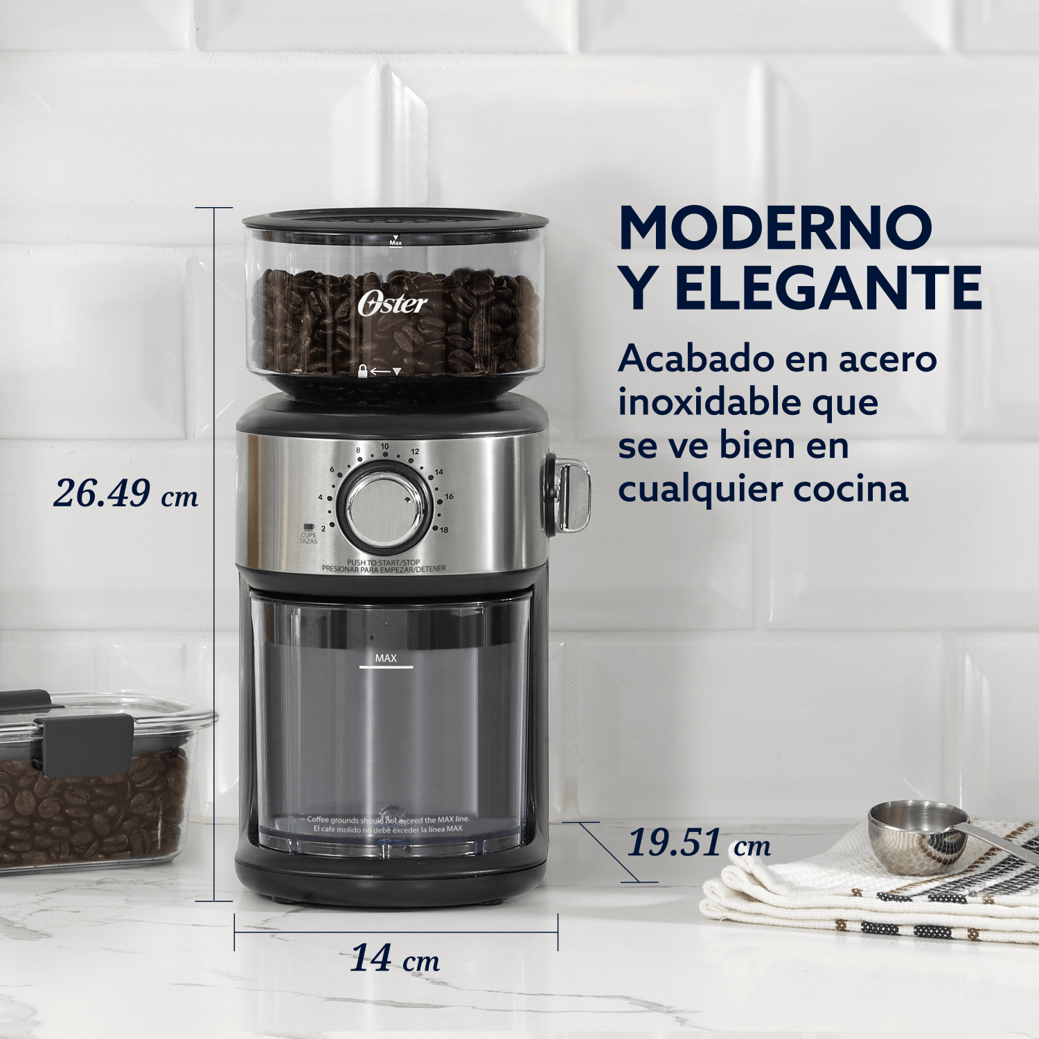 Molinillo de Café Oster Automático Muelas 18 Niveles 227g en acero inoxidable y elegante diseño en cocina moderna.