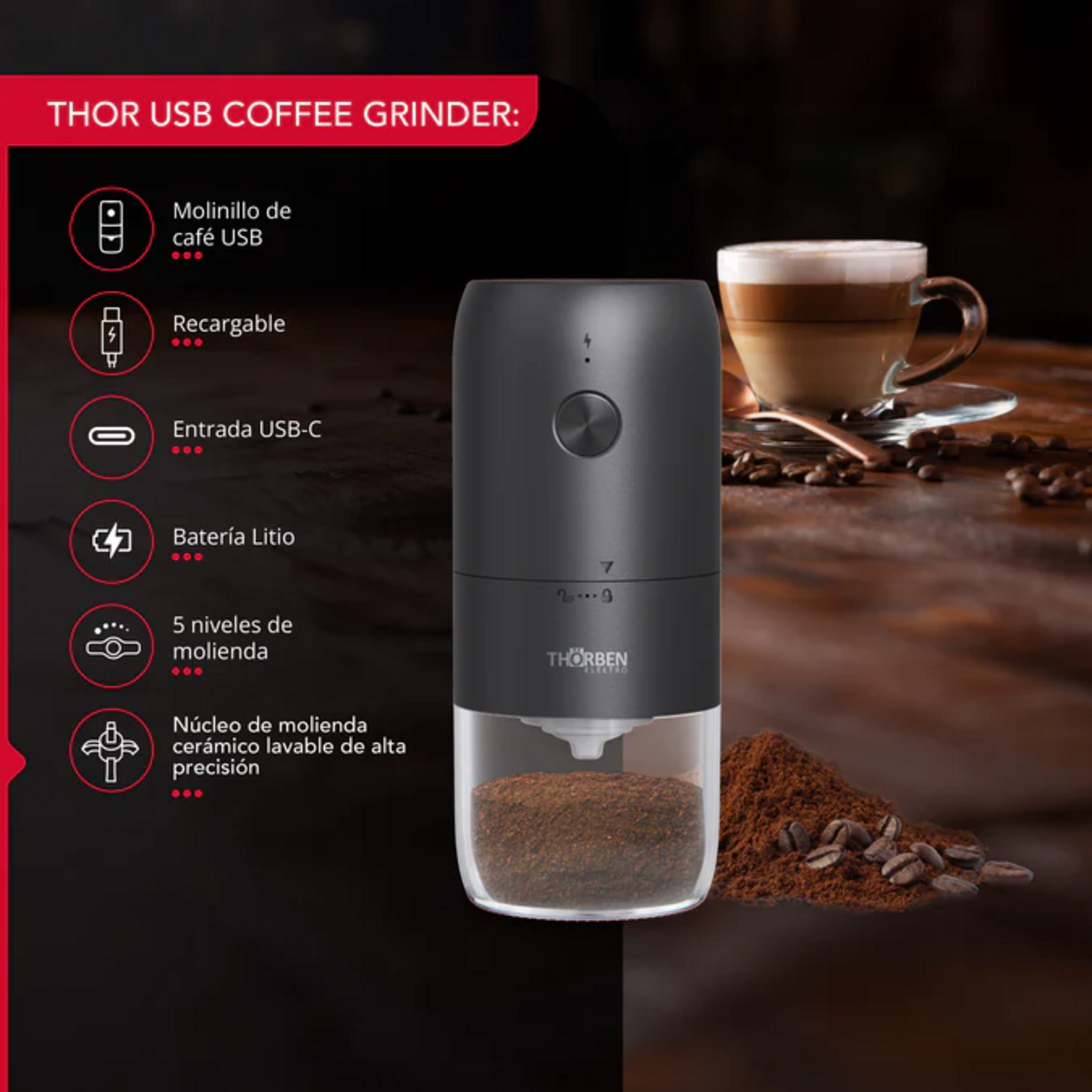 Molinillo Café Thorben USB-C Inalámbrico Muela Cerámica