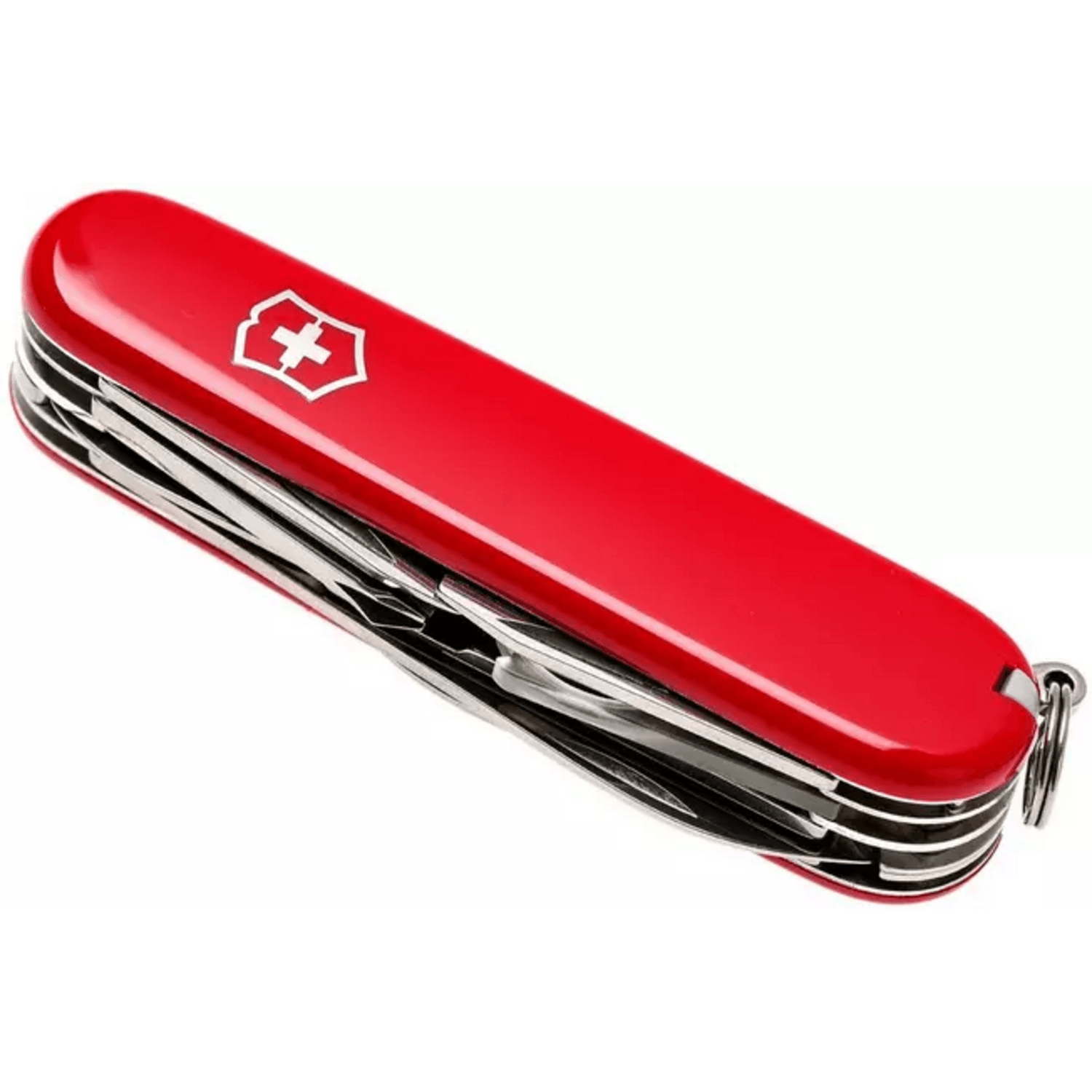 Navaja Cortapluma Victorinox Explorer 16 Func Roja 91mm Lupa en color rojo con varias herramientas desplegadas.