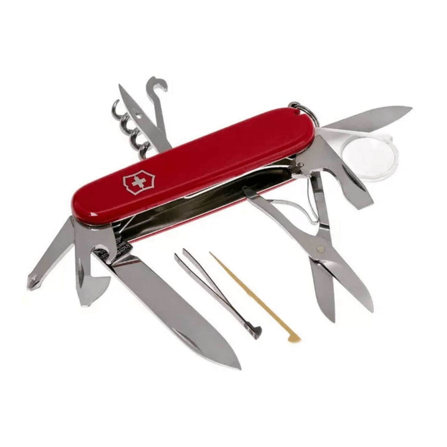 Navaja Cortapluma Victorinox Explorer 16 Func Roja 91mm Lupa abierta mostrando varias herramientas.