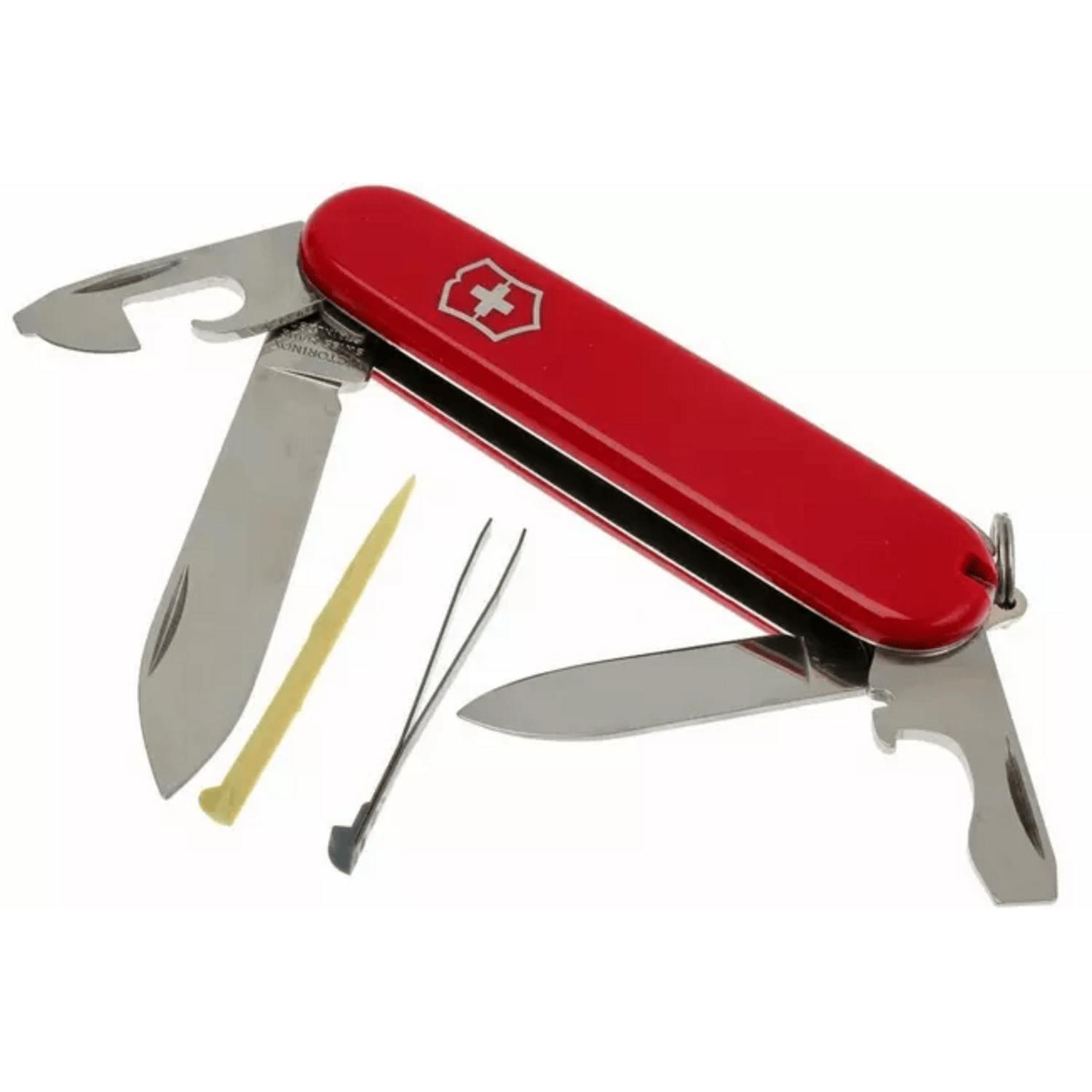 Navaja Cortapluma Victorinox Recruit 84mm 10 Funciones Roja abierta mostrando herramientas en un fondo blanco.