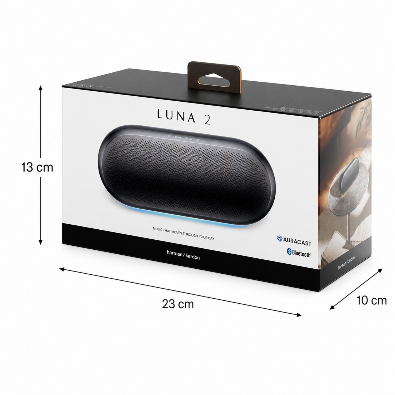 Parlante Bluetooth Harman Kardon Luna 2 IP67 12h 40W RMS - caja del producto con medidas.