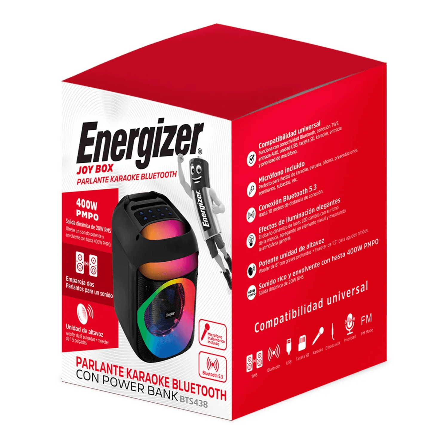 Parlante Karaoke Energizer Joy Box BTS438 con diseño moderno, micrófono incluido y conectividad Bluetooth 5.3.