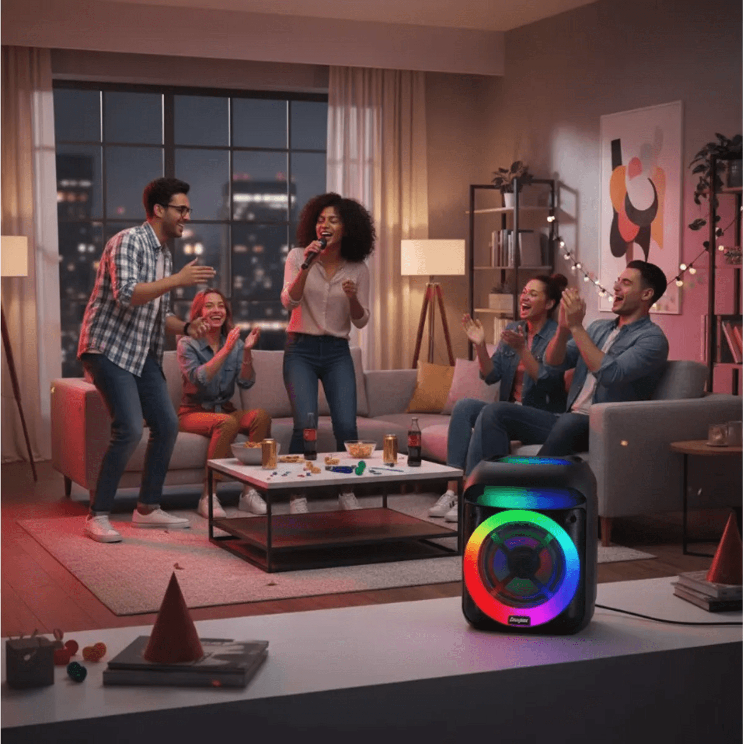 Parlante Karaoke Energizer Joy Box BTS438 en una fiesta con amigos disfrutando y cantando.