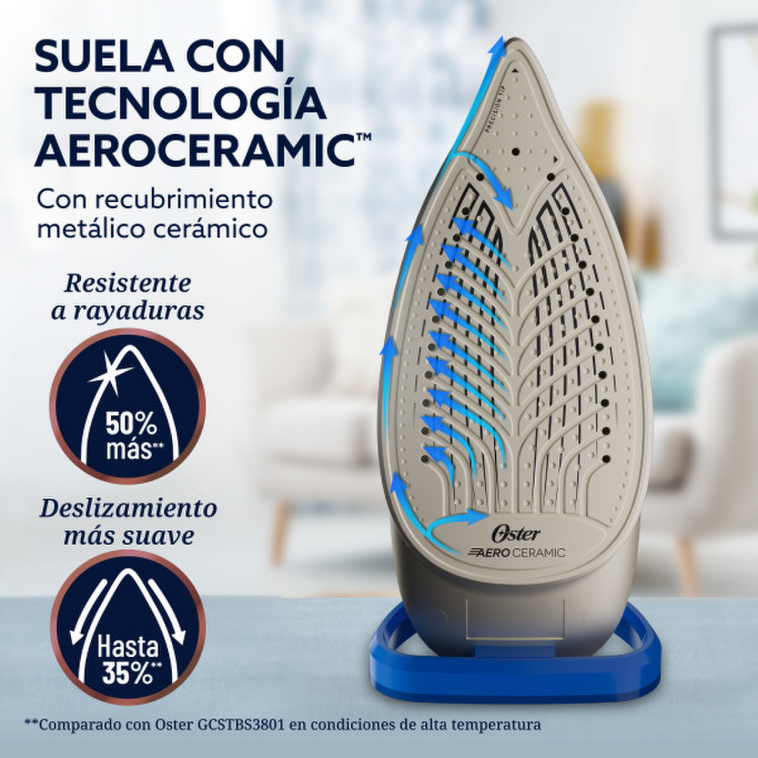 Suela de plancha Oster AeroGlide Max S7800 con tecnología Aeroceramic y recubrimiento metálico cerámico.