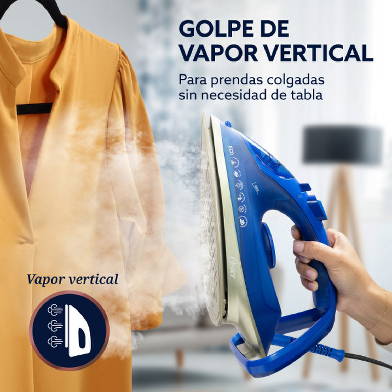 Plancha Oster AeroGlide Max S7800 en uso, golpe de vapor vertical para prendas colgadas.