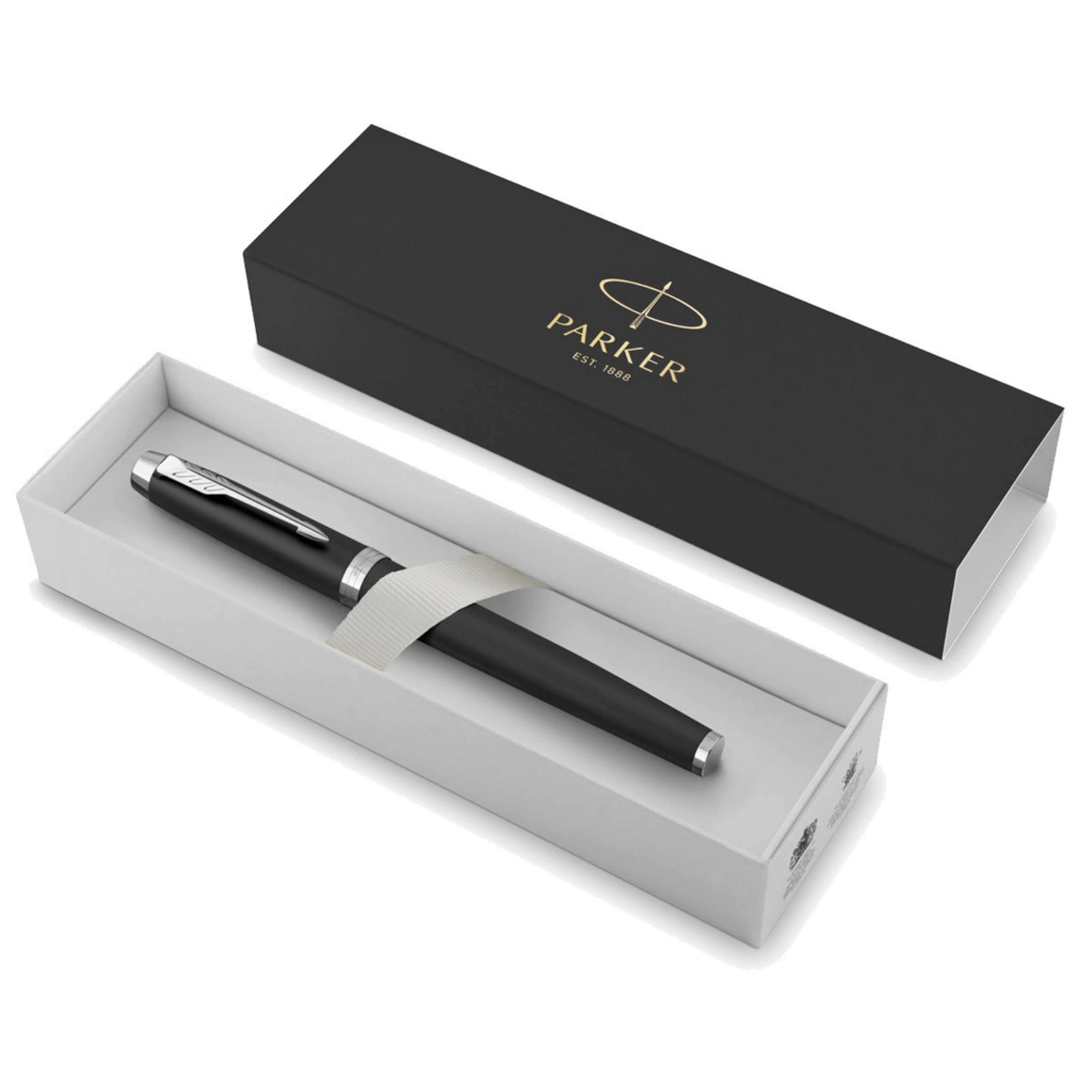 Pluma Fuente Parker IM Essential Negro Mate CT presentada en caja elegante, ideal para regalar o uso profesional.